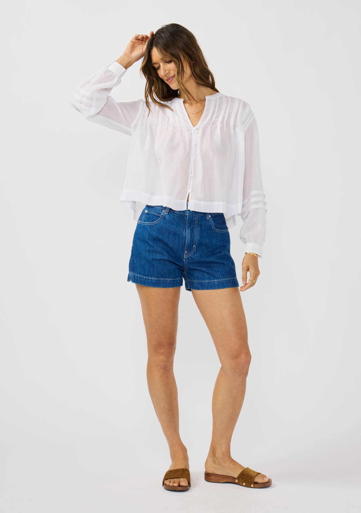 Pintuck Pleated Button-Down Blouse: BLACK / M