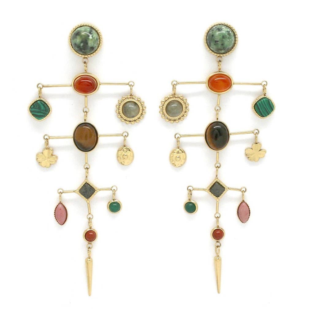 Museum Style Artsy Semi Precious Stone Mobile Earrings featuring colorful stones and delicate gold-tone mobile design