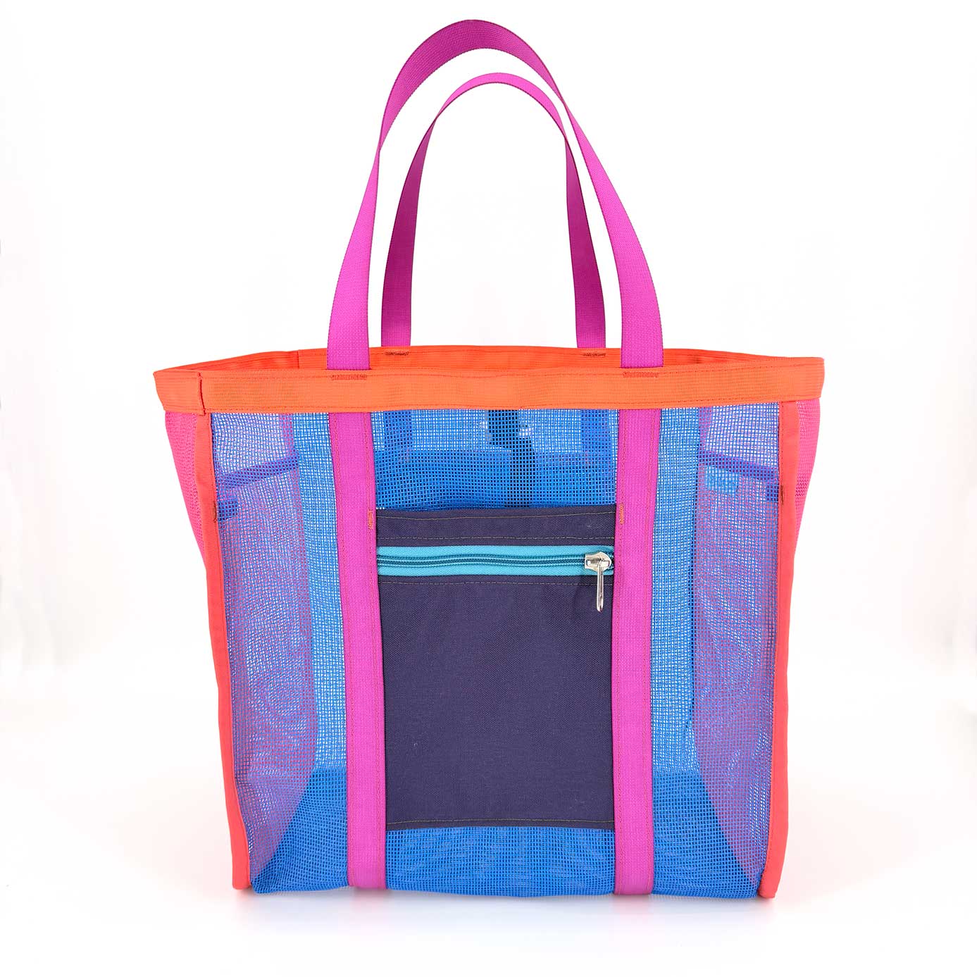 The Mother | yacht rock colorful mesh tote bag with pink handles and orange trim, perfect for vibrant everyday use