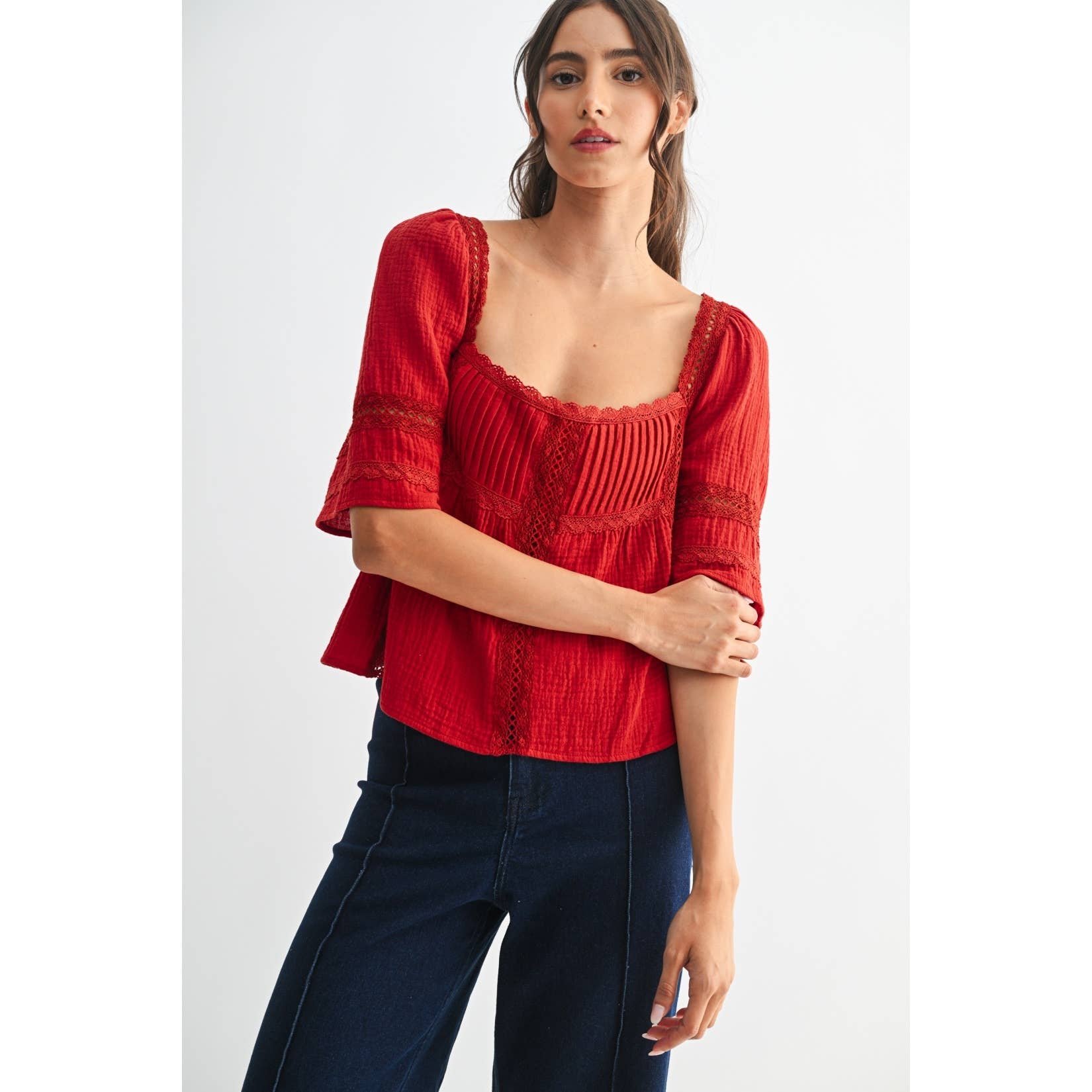 SCARLET LACE-TRIMMED RED BLOUSE