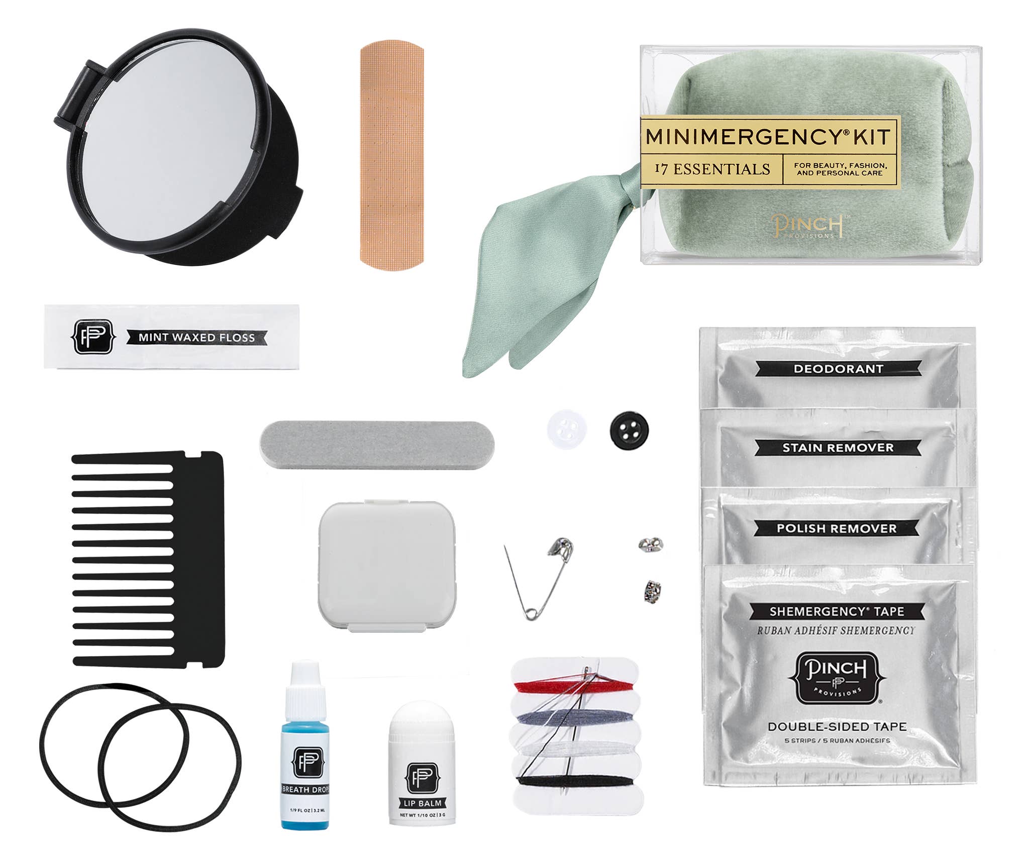 Velvet Scarf Minimergency Kit with compact beauty and personal care essentials including mirror, floss, balm, and emergency tape