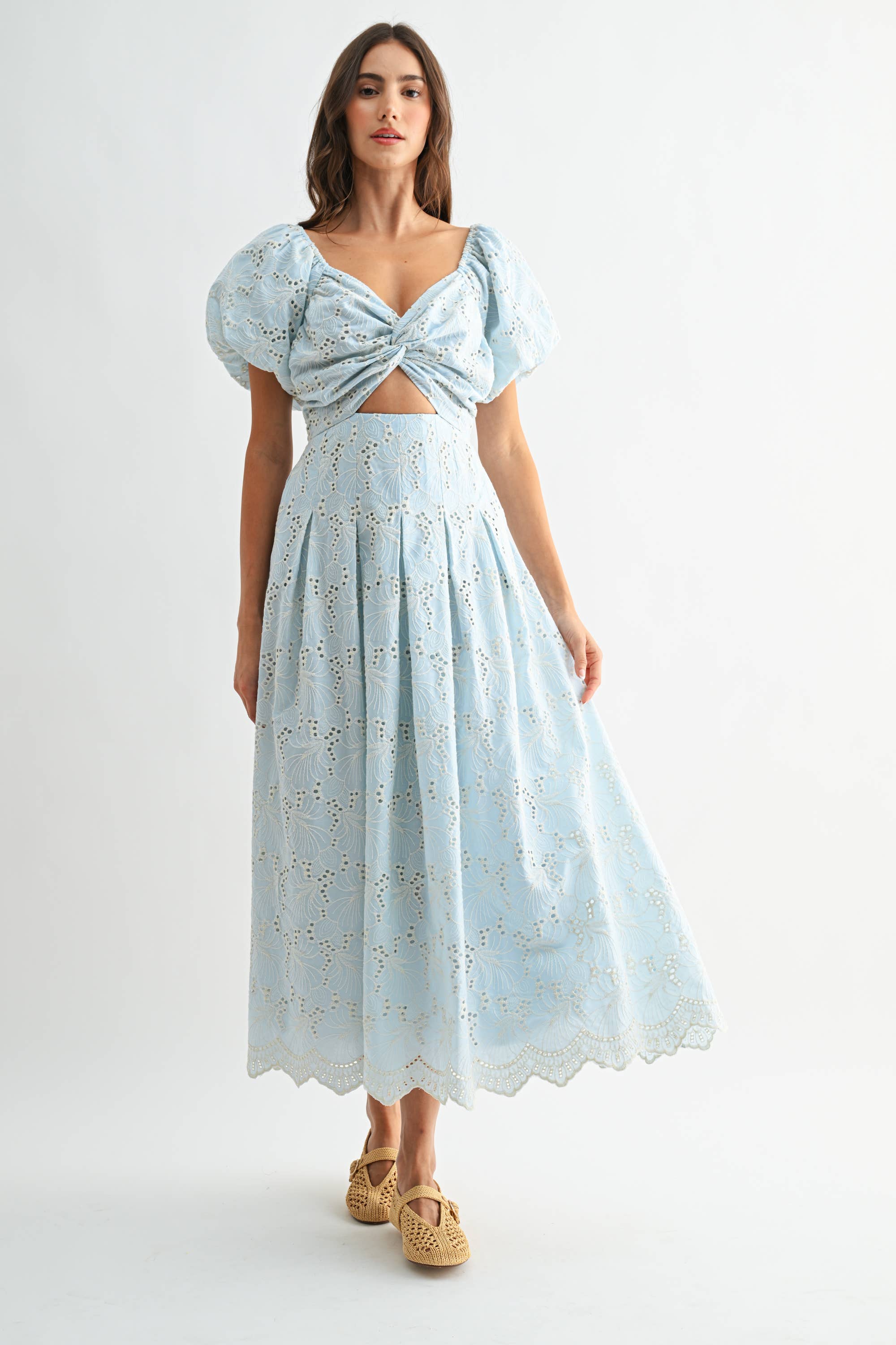 Eyelet Puff Sleeve Maxi Dress with Twist Front