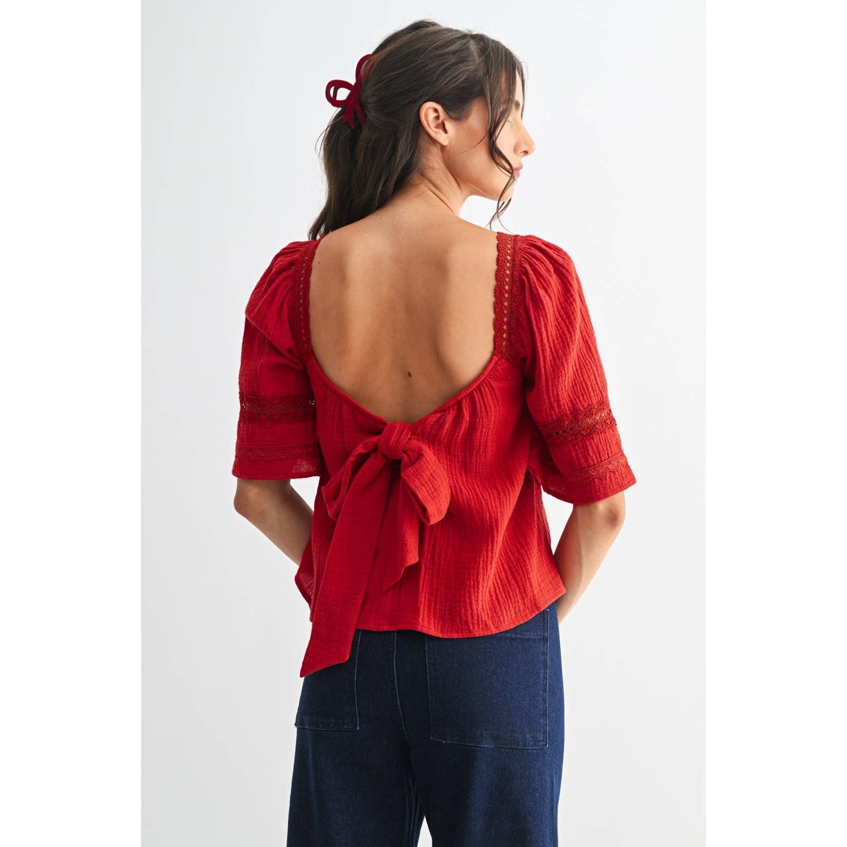 SCARLET LACE-TRIMMED RED BLOUSE