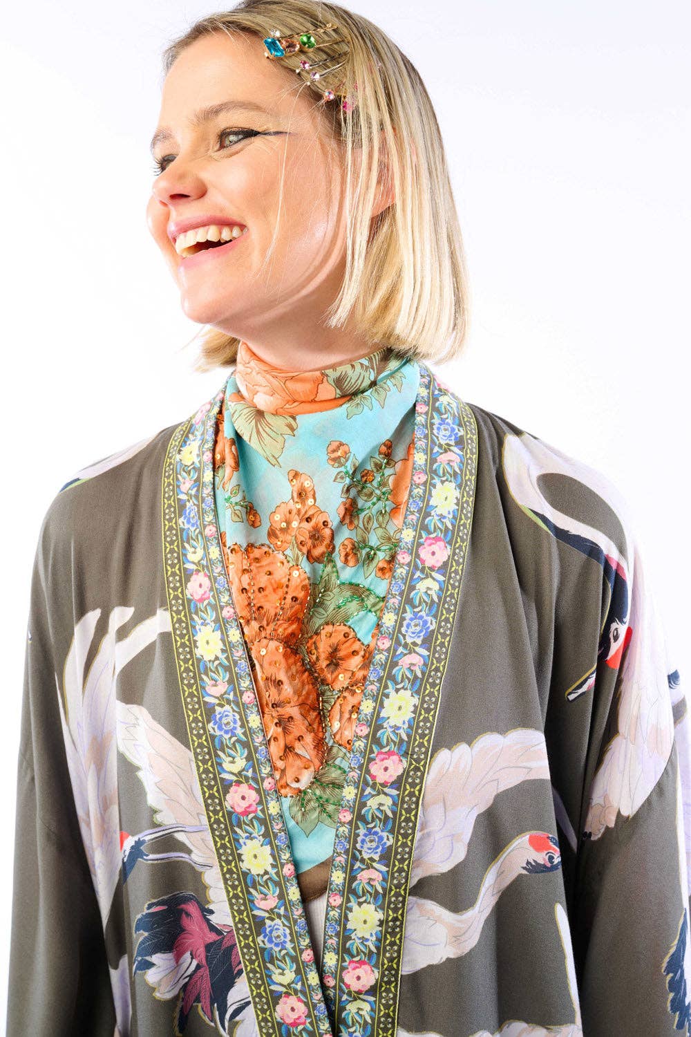 Story of the Crane Kimono - Charcoal | Bohemian Coverup Robe