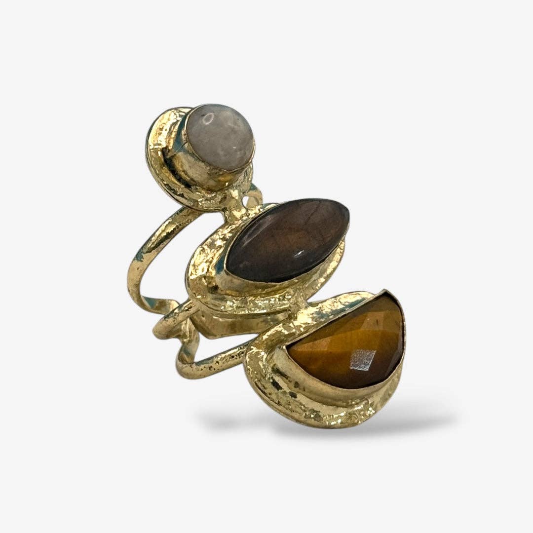 Elegant Cocktail Rings with gold-tone hammered metal and three distinct polished stones in earth tones