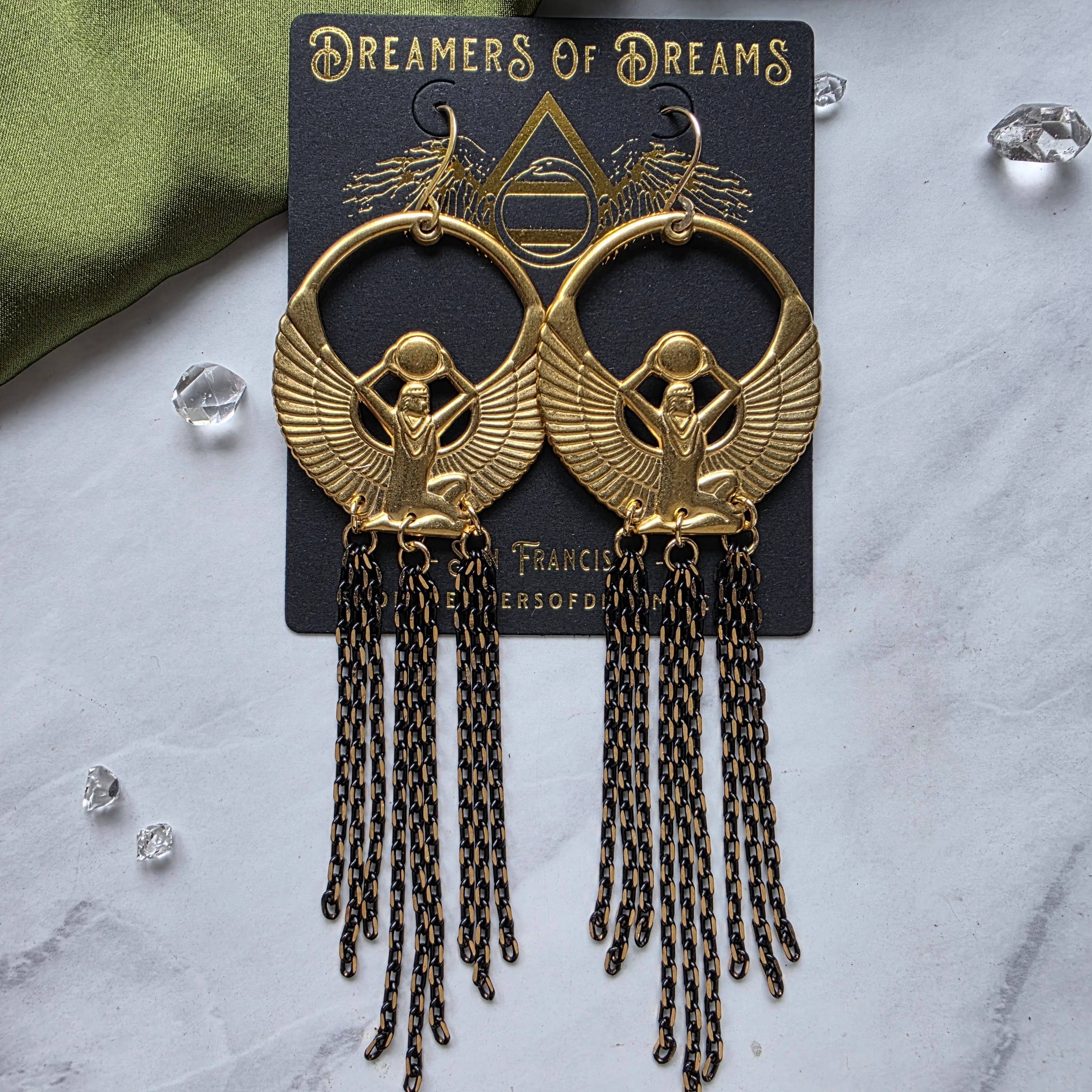 Brass Winged Egyptian Goddess Isis Long Chain Earrings