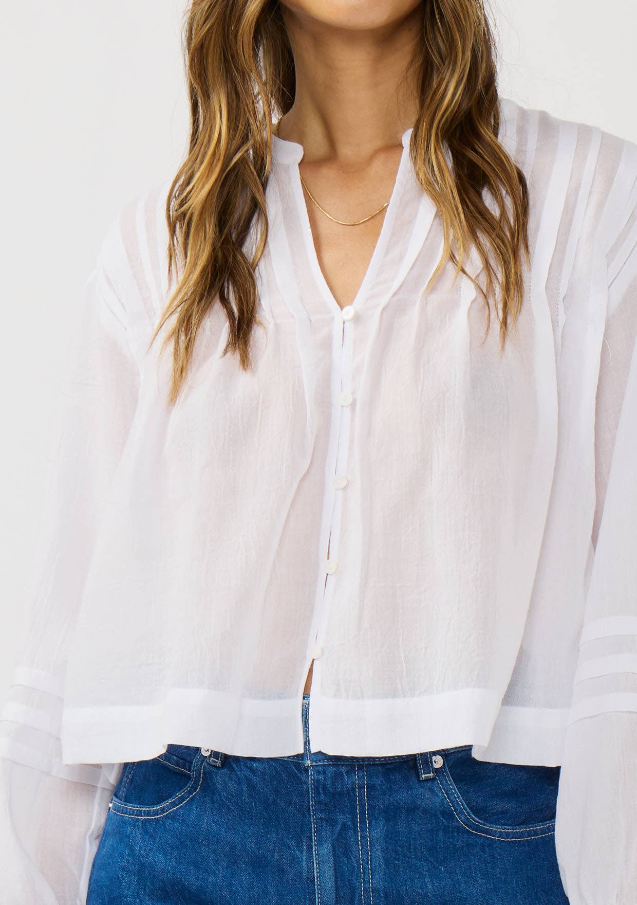 Pintuck Pleated Button-Down Blouse: BLACK / L