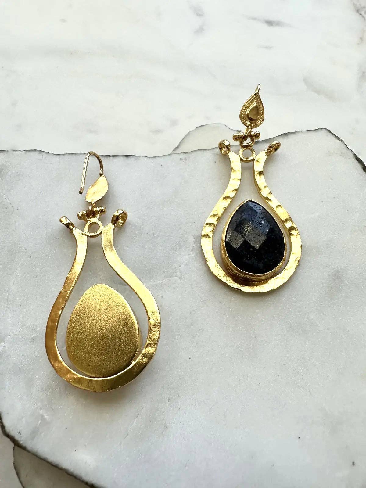 Lapis Lazuli and Gold Drop Earrings with hammered gold frames and teardrop stones