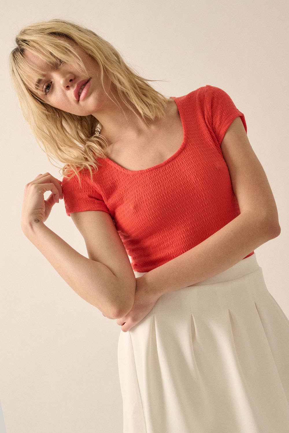 Smocked Jersey Scoop Neck Bodysuit