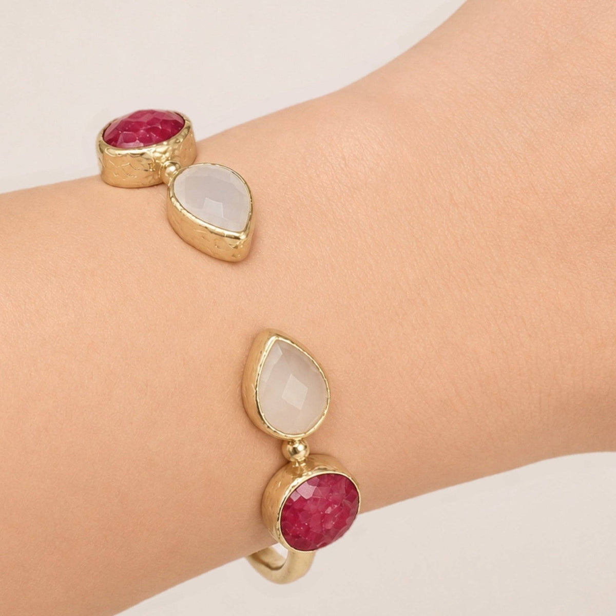Ruby and Snow Quartz Cuff Bangle | Miray gold tone bracelet with ruby and snow quartz stones