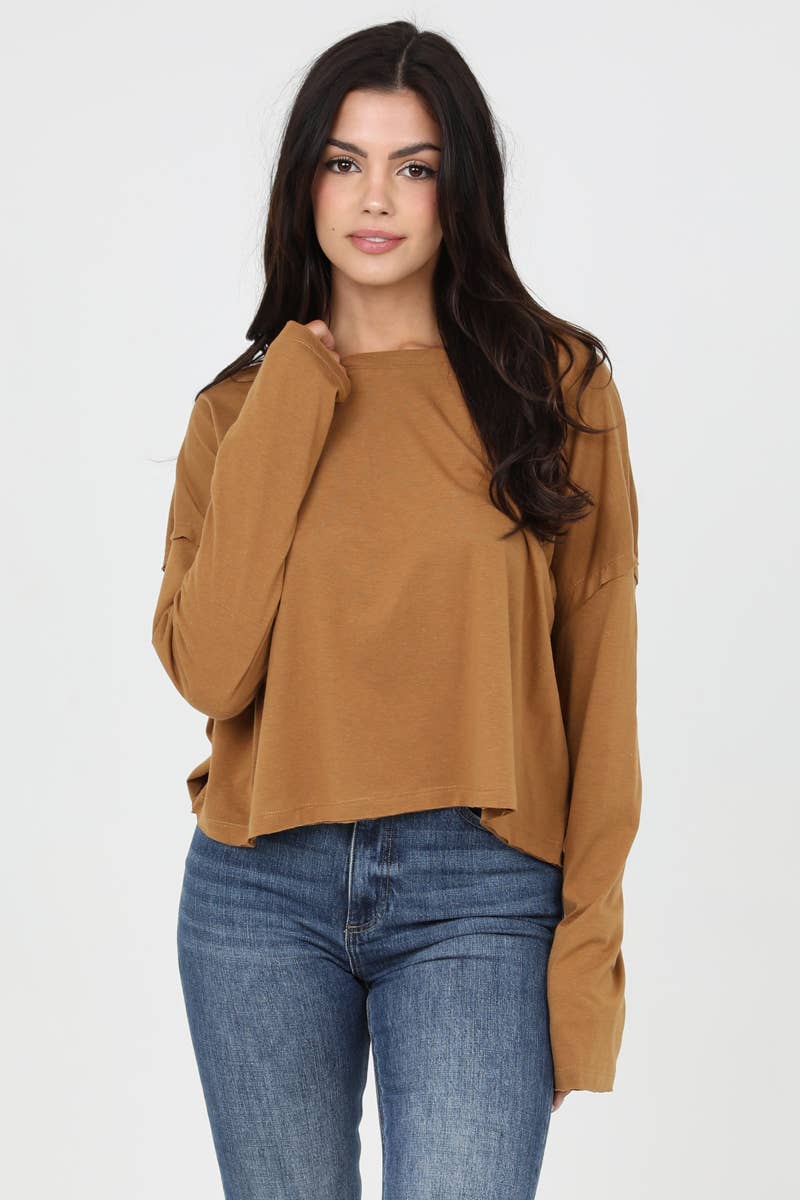 LONG SLEEVE SLUBBY KNIT TOP WITH RAW EDGES