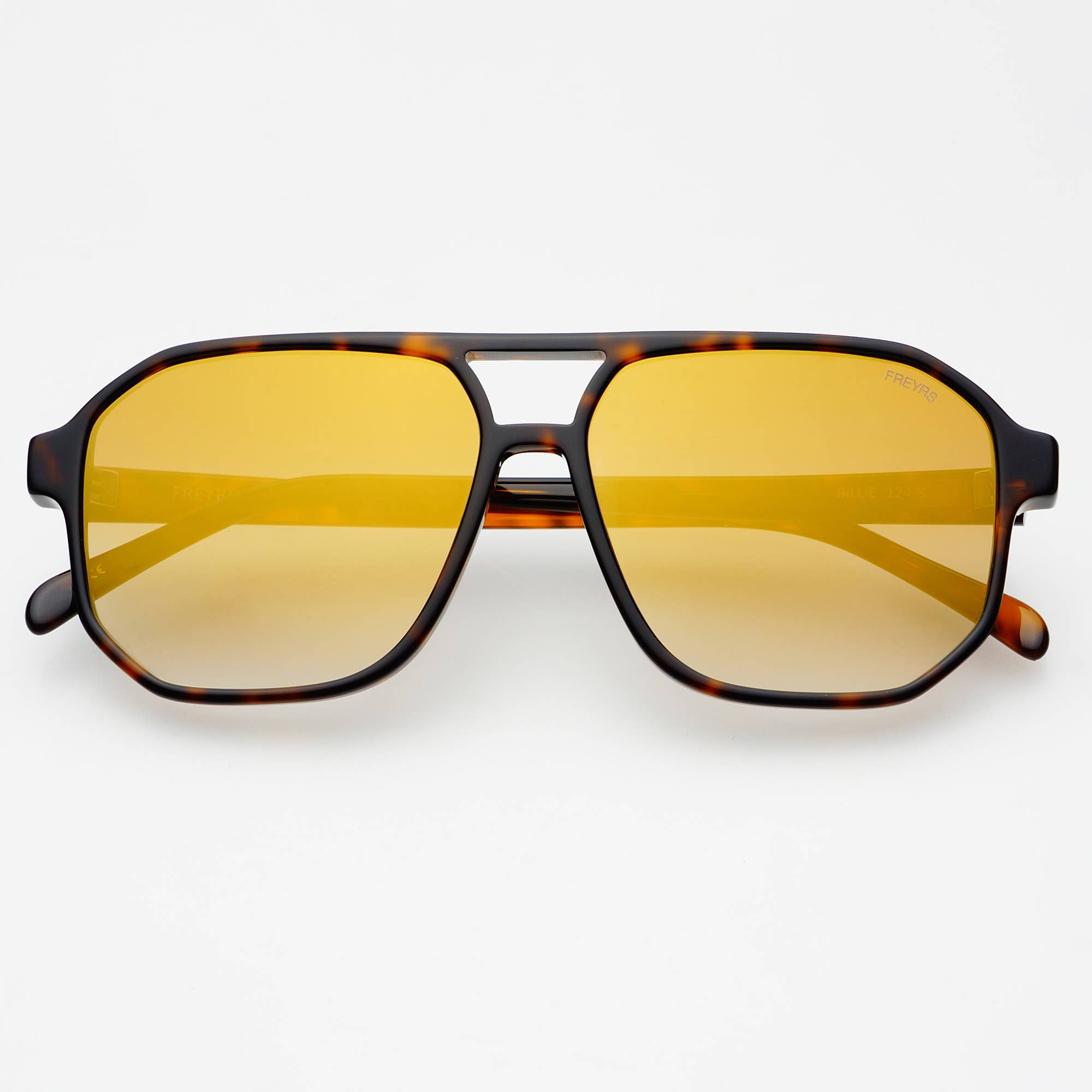 The Billie (NEW) Unisex Aviator Sunglasses by FREYRS Eyewear feature a tortoiseshell biodegradable acetate frame and large yellow-tinted premium nylon lenses, shown on a white background.