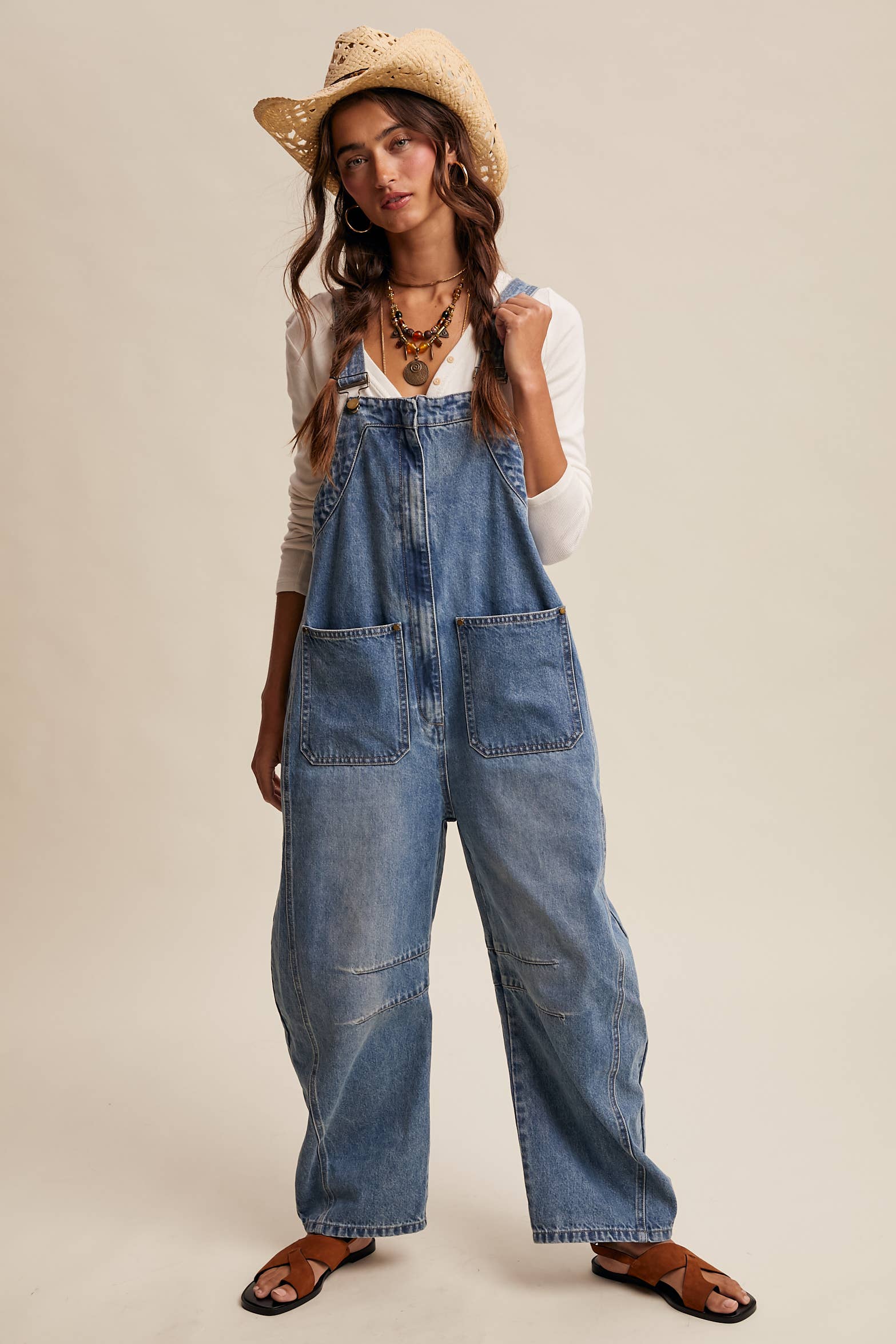 Western Wide-Leg Barrel Denim Overalls