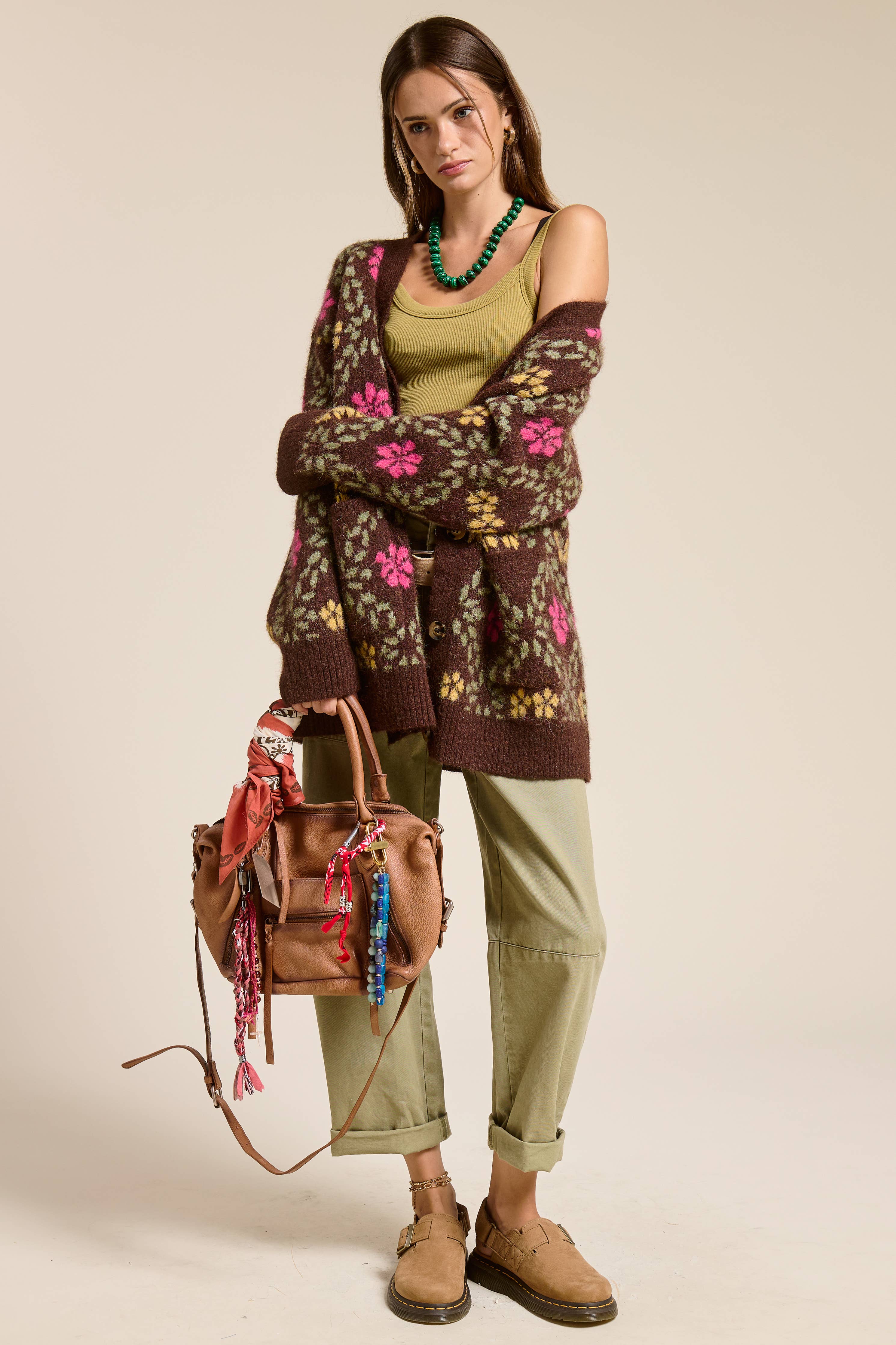 Retro Floral Print Fuzzy Knit Cardigan