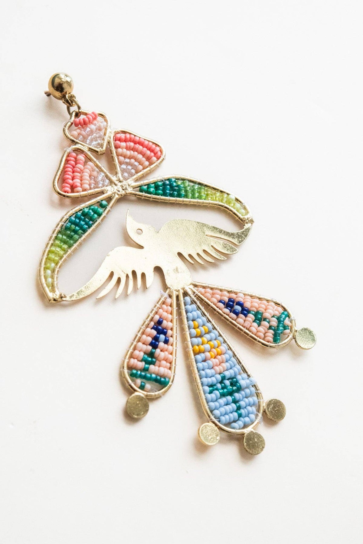 Birdsong Tapestry colorful beaded bird ornament with pink teal and blue wings