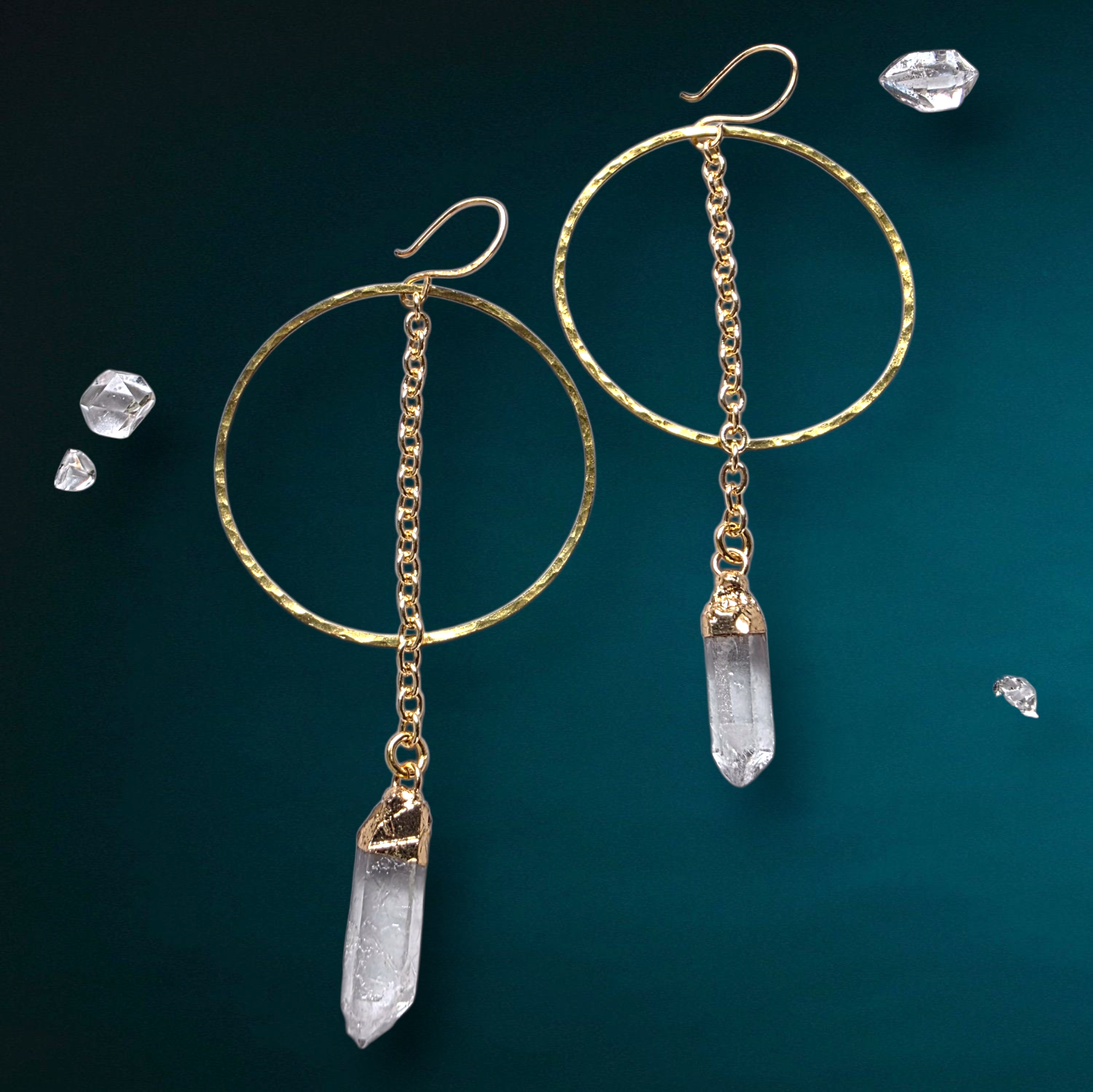 Quartz + Chain Gold Pendulum Hoops