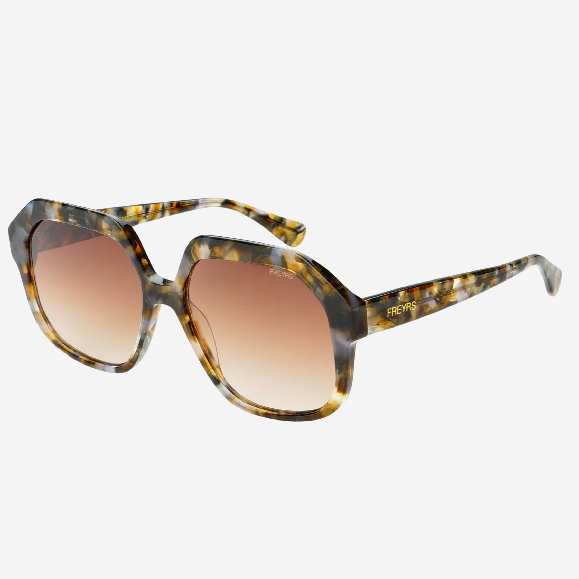 Stella Acetate Womens Octagonal Sunglasses by FREYRS Eyewear feature tortoiseshell handmade acetate frames, gradient brown lenses with UVA/UVB protection, and the FREYRS logo on the arm, shown on a white background.