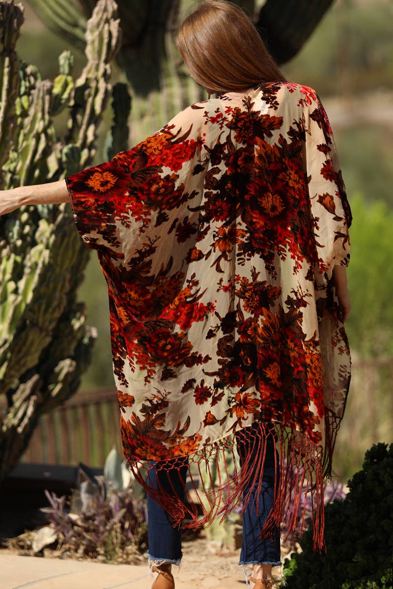 X2ED8-ASIS BURNOUT VELVET FRINGE HEM KIMONO