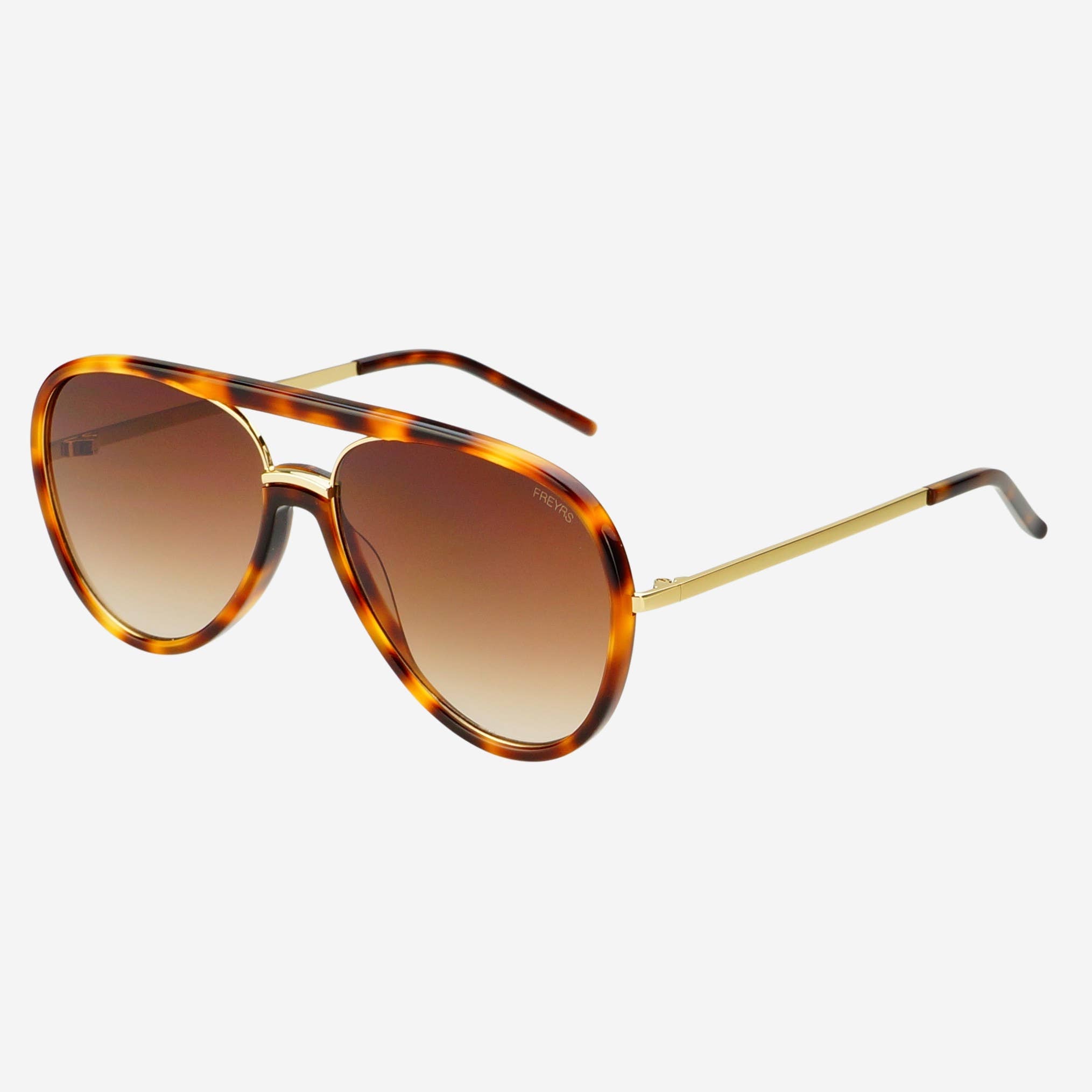 The Shay (NEW) Unisex Aviator Sunglasses by FREYRS Eyewear feature biodegradable tortoiseshell acetate frames, brown gradient nylon lenses, and thin gold metal arms, shown on a white background.