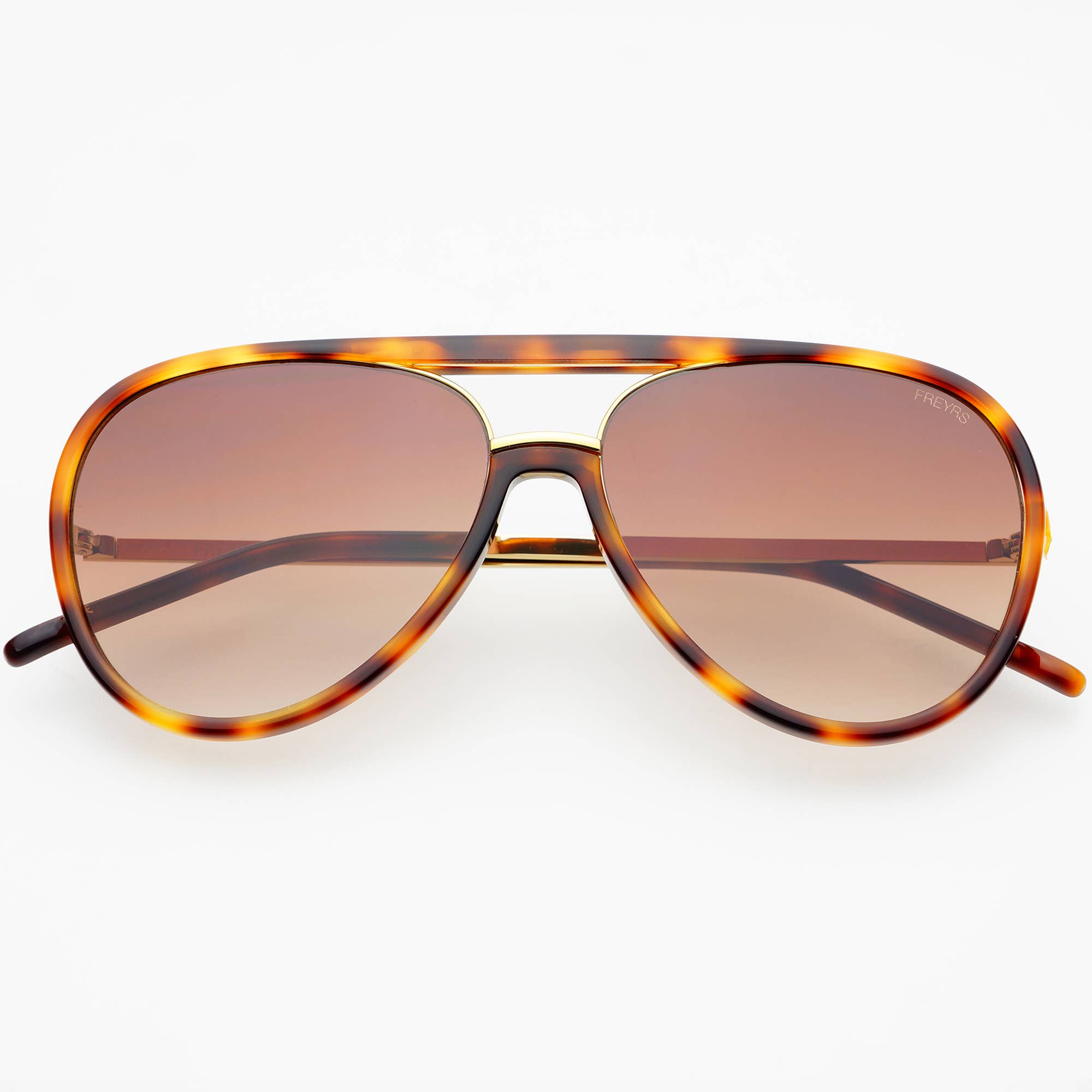 The Shay (NEW) Unisex Aviator Sunglasses by FREYRS Eyewear feature tortoiseshell biodegradable acetate frames and brown gradient lenses, shown against a white background.