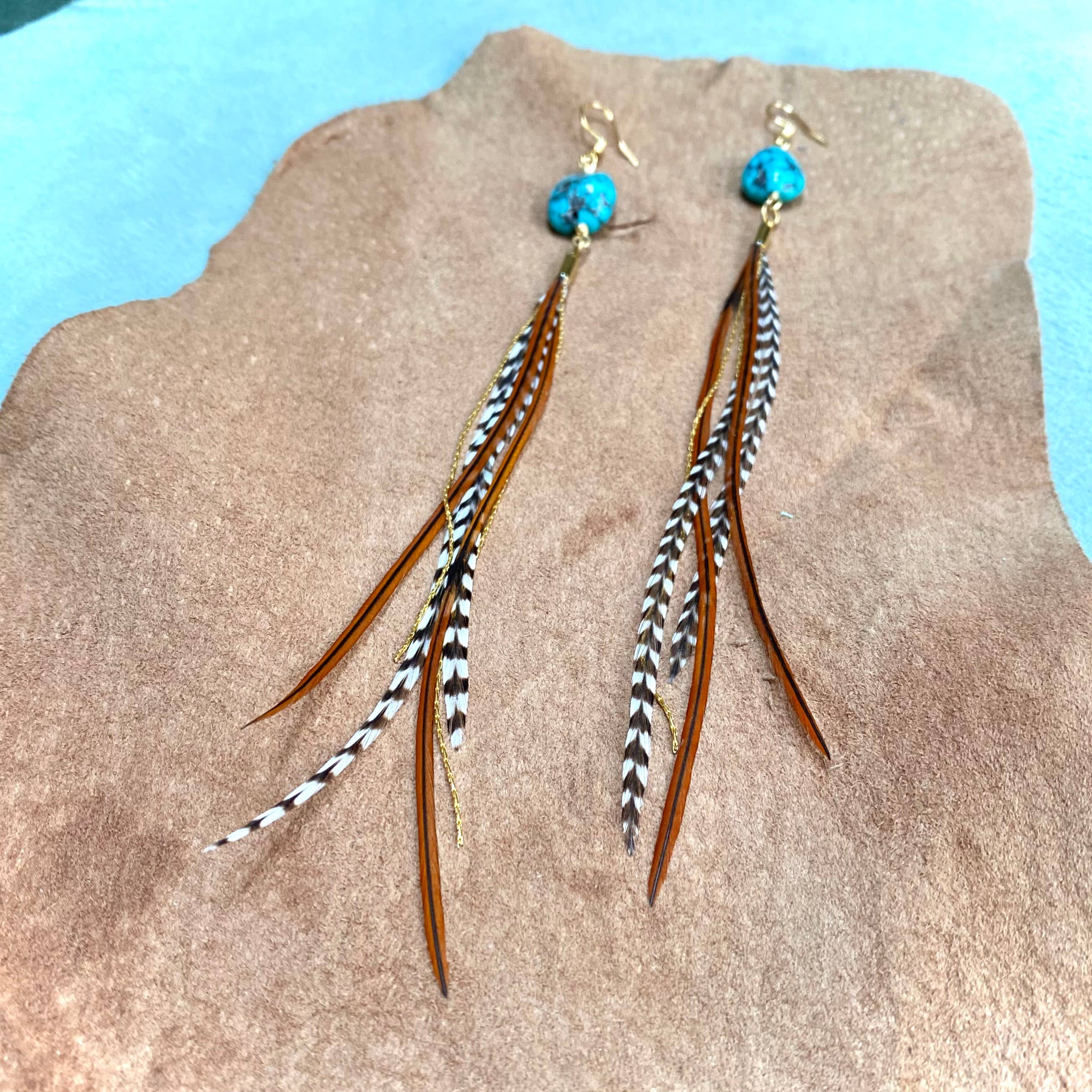 ASTALI’s Turquoise & Mini Feather Earrings—Grizzly & Fawn/Gold add boho flair with turquoise beads, brown and black striped feathers, and gold accents; a perfect touch of style for any look.