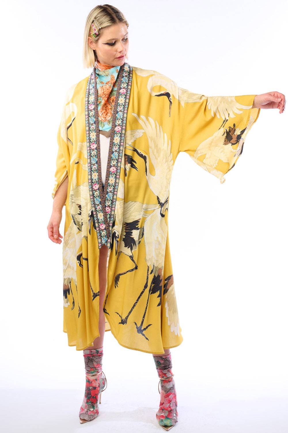 Story of the Crane Kimono - Mustard | Bohemian Coverup Robe