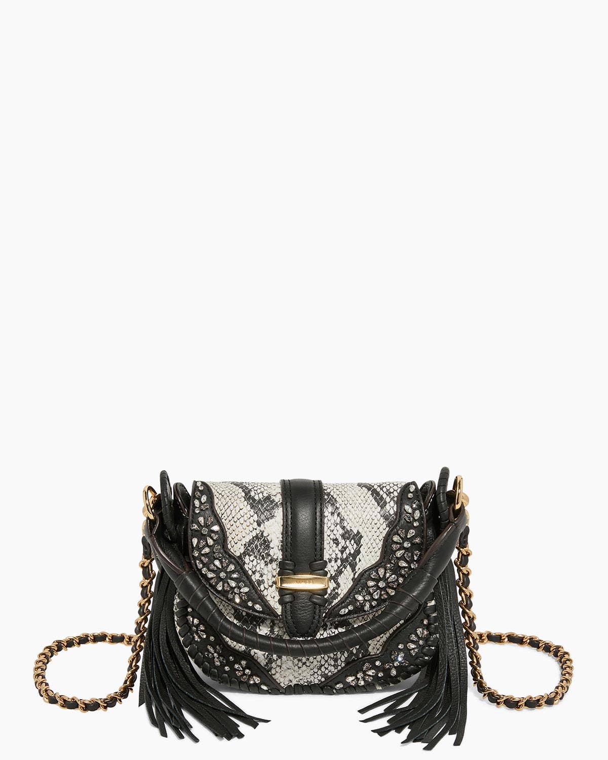 Willow Novelty Mini Crossbody with snakeskin pattern, black leather accents, stud details, fringe tassels and gold chain strap