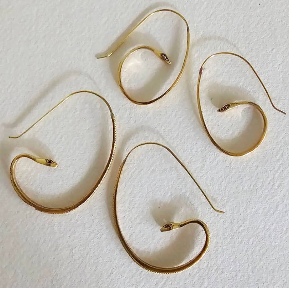 Brass snake serpent hoop earrings small handcrafted