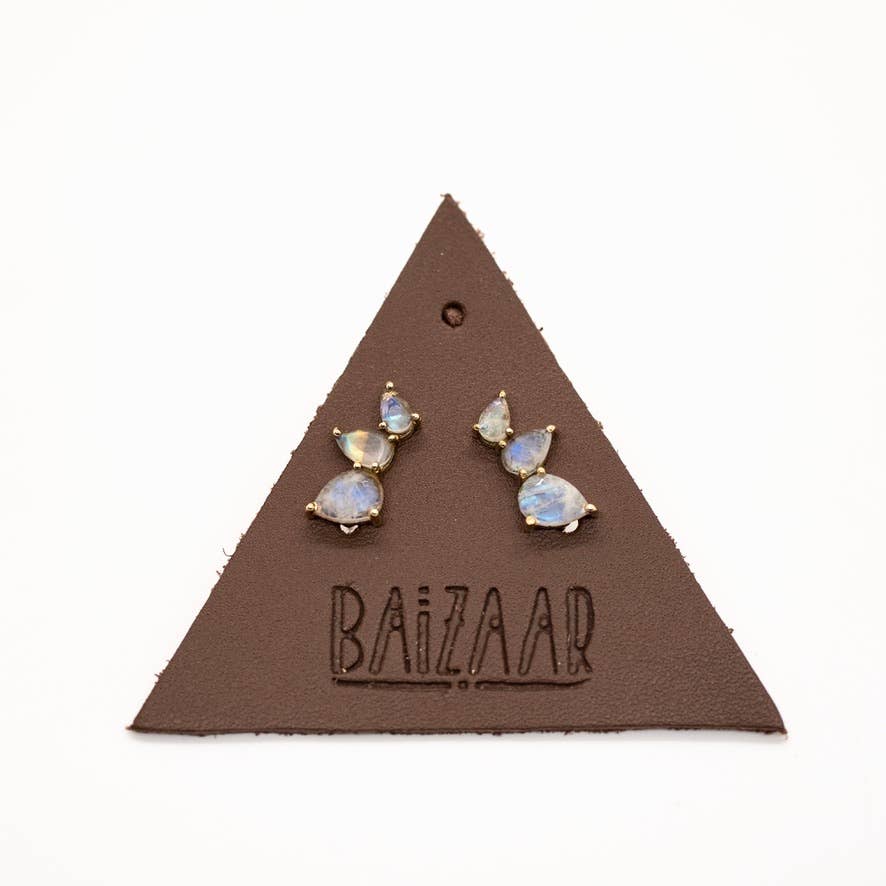 Stacked Tear Drop Ear Climber with Faceted Moonstone featuring delicate moonstone stones set in gold-tone metal