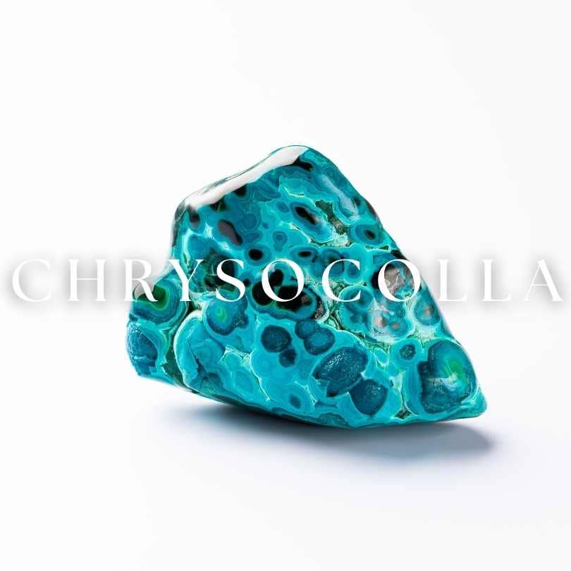 A vibrant blue-green chrysocolla stone inspires the Dreamers of Dreams 14k gold fill 1.5 Gemstone Hoops, shown on a white background with CHRYSOCOLLA in large, semi-transparent letters across the image.