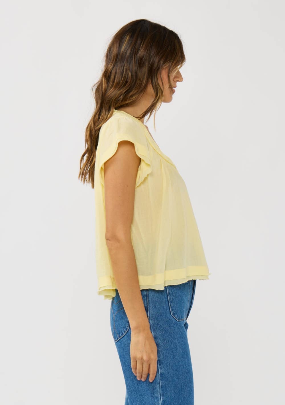 V-Neck Flutter Sleeve Smocked Yoke Top