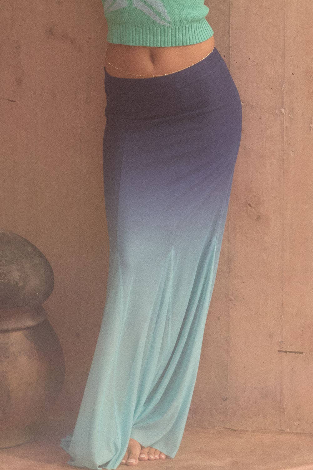 Ombre Mesh Fit-and-Flare Godet Maxi Skirt with a gradient from deep navy to soft blue, flowing silhouette.