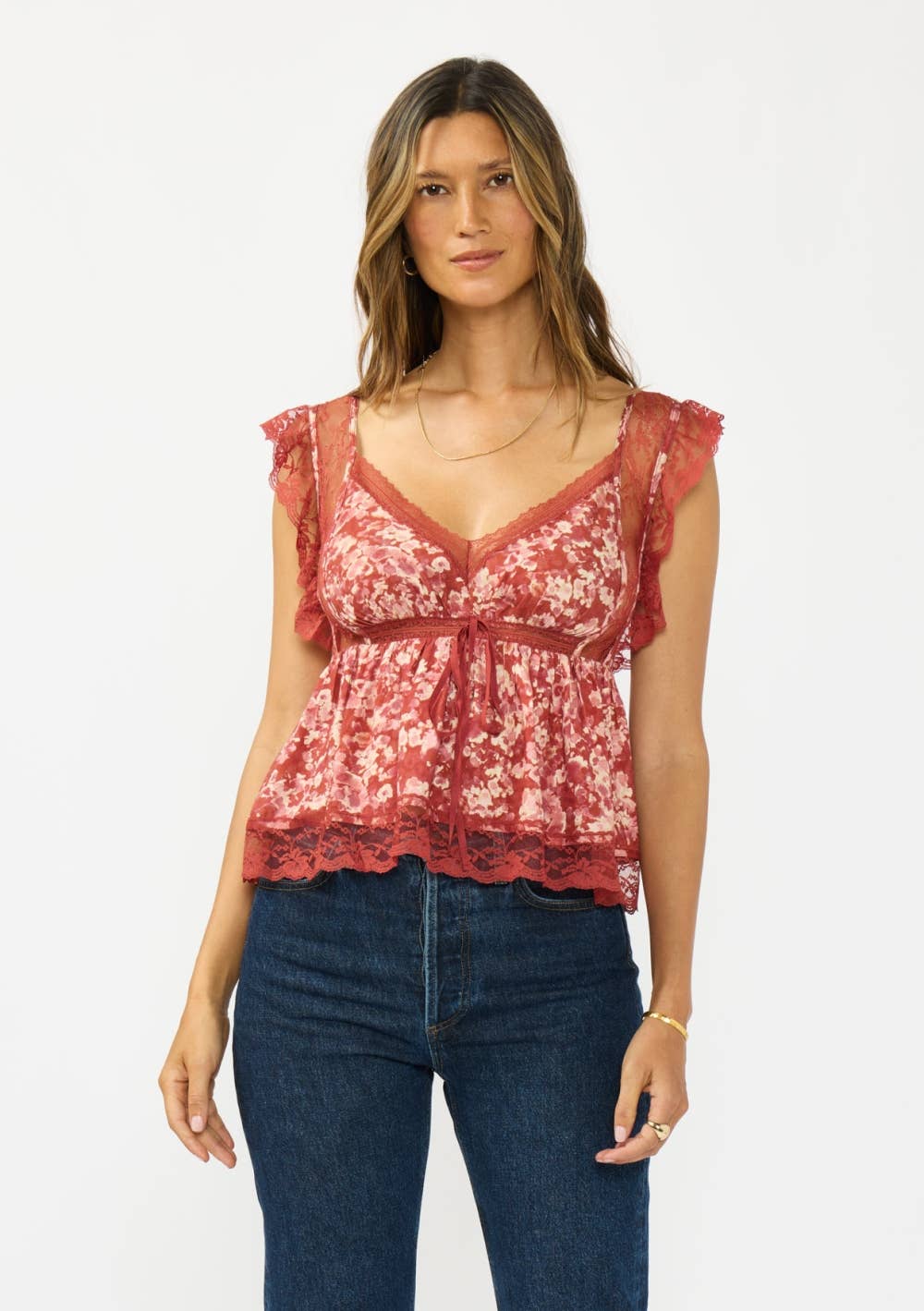 V-Neck Button Back Lace Top