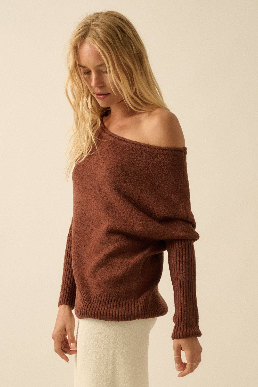 Textured Knit One-Shoulder Boatneck Dolman Sweater