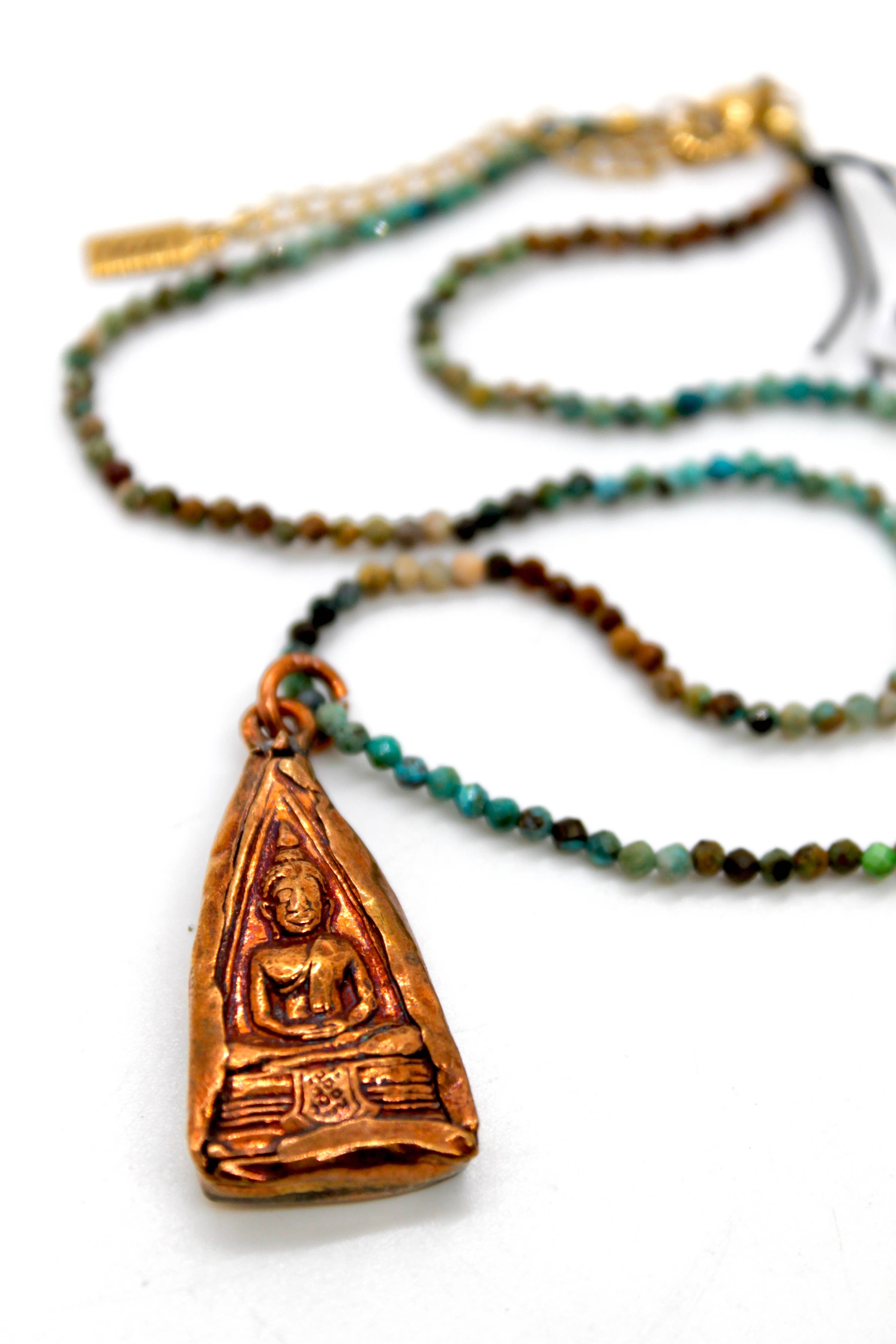 Buddha Necklace 123 - Gradient Faceted Turquoise Stone Necklace with a detailed bronze Buddha pendant and beaded chain