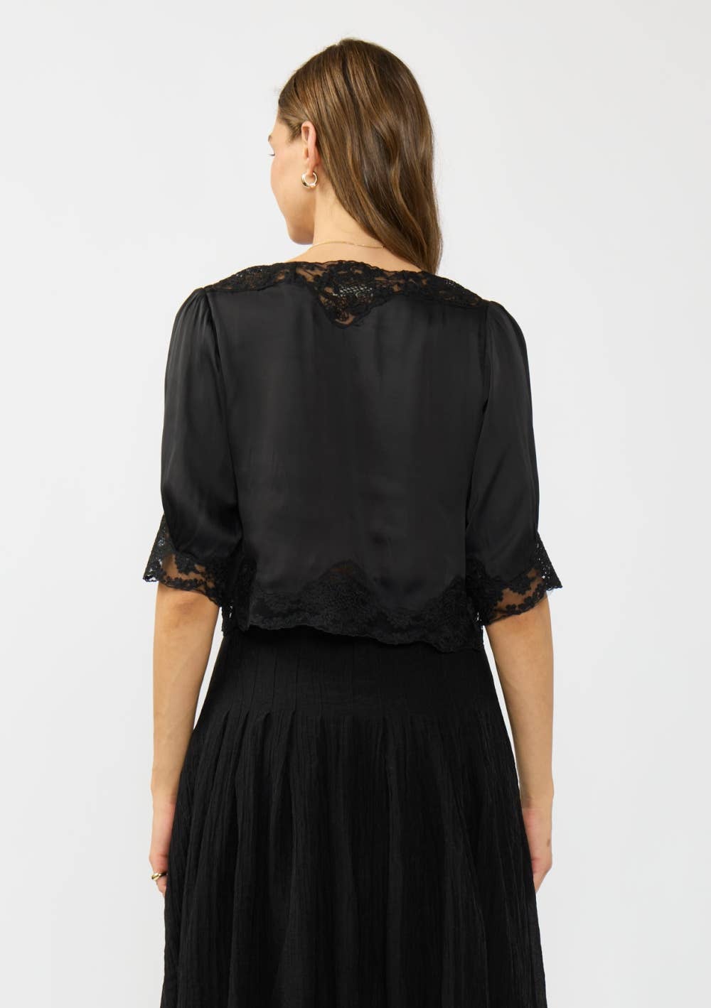 V-Neck Button Front Blouse with Lace Trim
