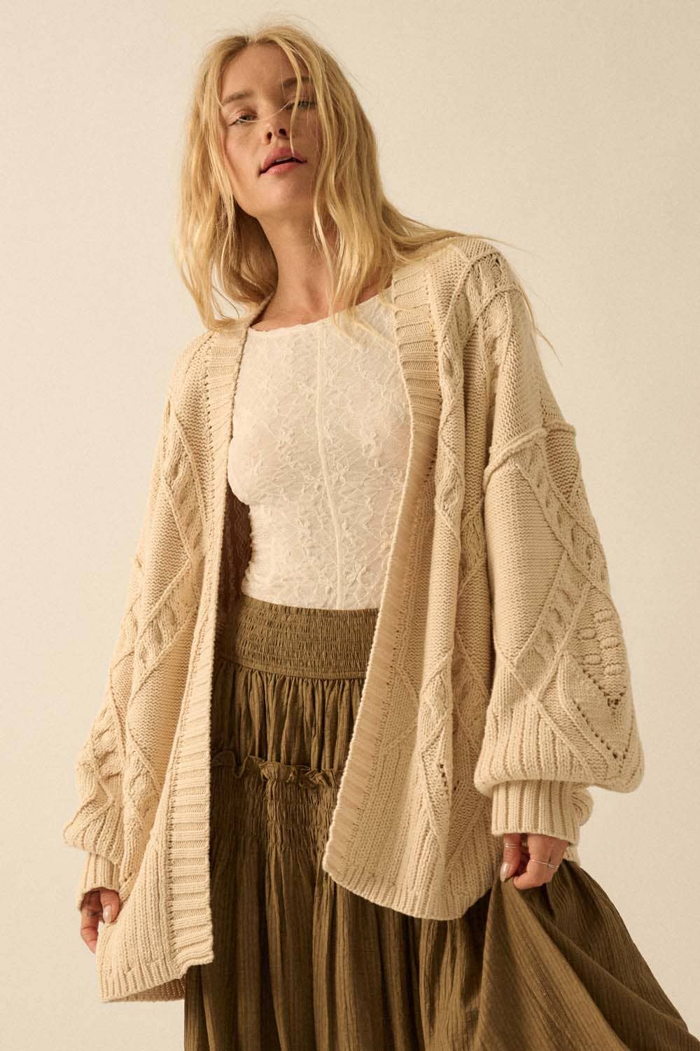 Cable-Knit Oversize Balloon-Sleeve Cardigan