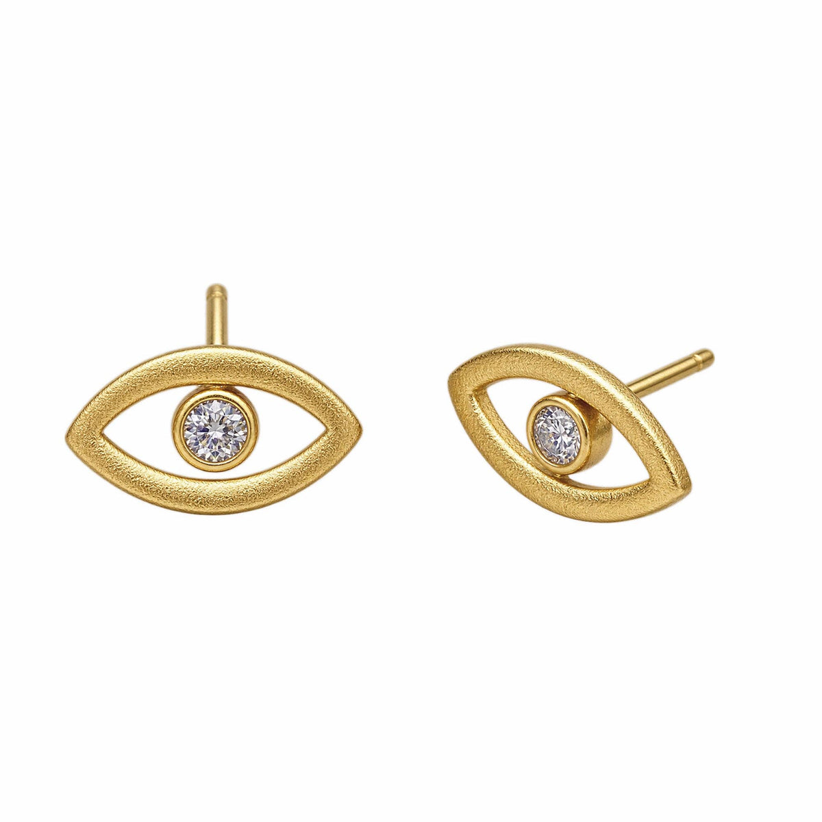 Evil Eye Silhouette Studs CZ gold tone eye shaped earrings with sparkling clear center stones