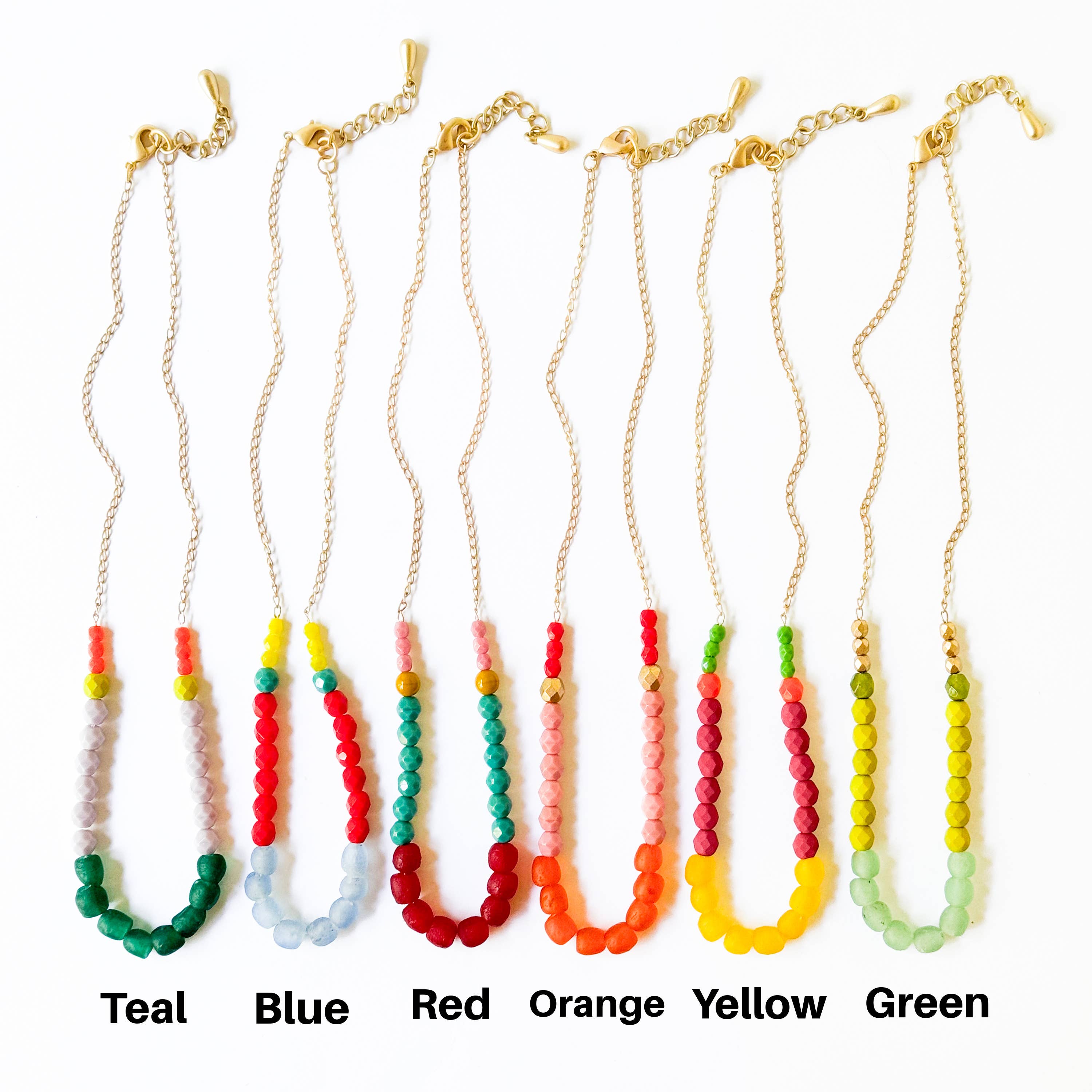 Multicolor Recycled African Glass And Mixed Bead Necklace in six vibrant color variations with gold chain clasps and adjustable lengths
