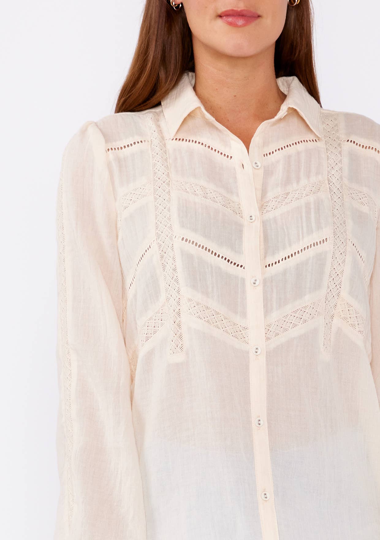 Crinkled Lace Long Sleeve Button Down Blouse in soft cream fabric with delicate lace detailing and pearl buttons