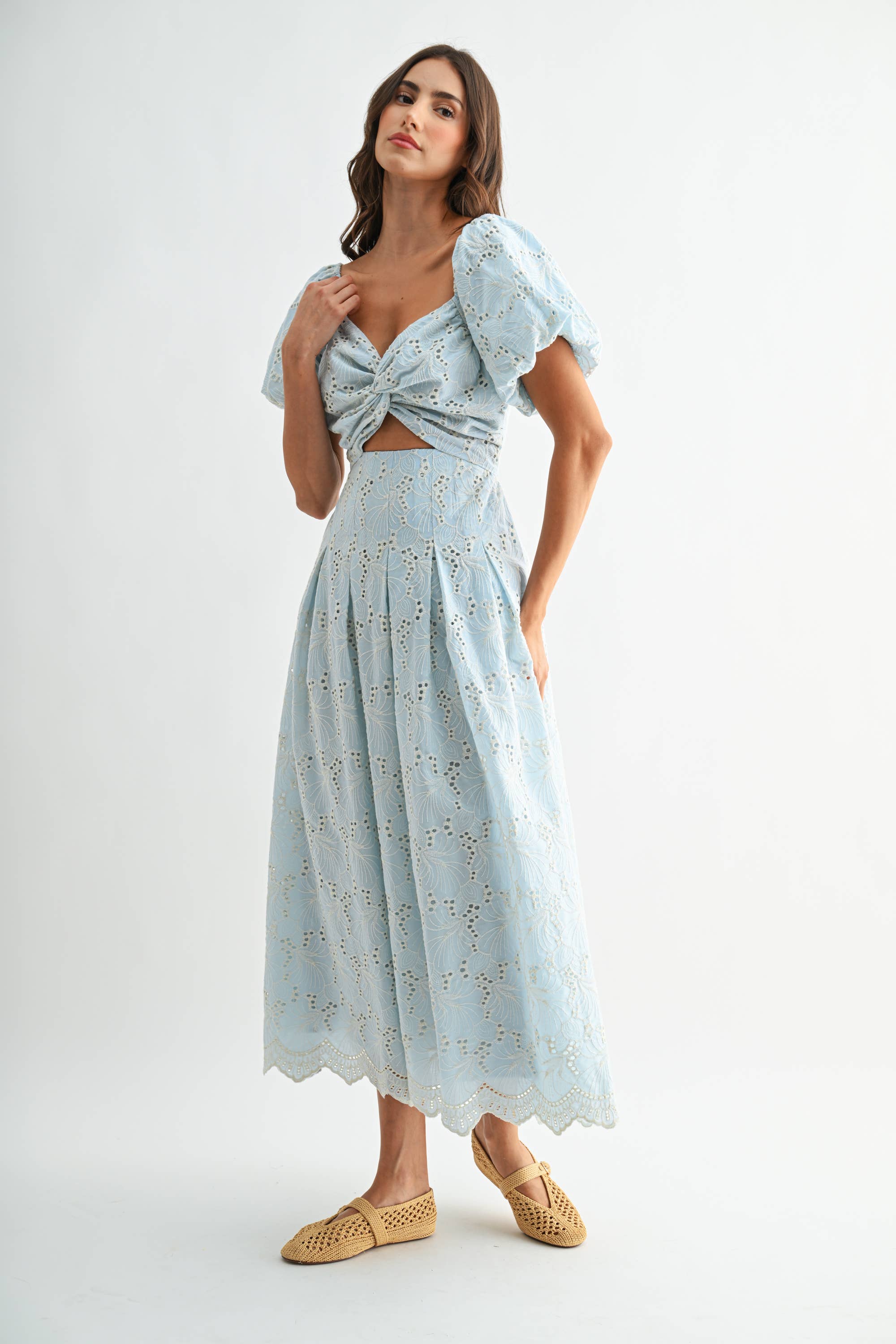 Eyelet Puff Sleeve Maxi Dress with Twist Front