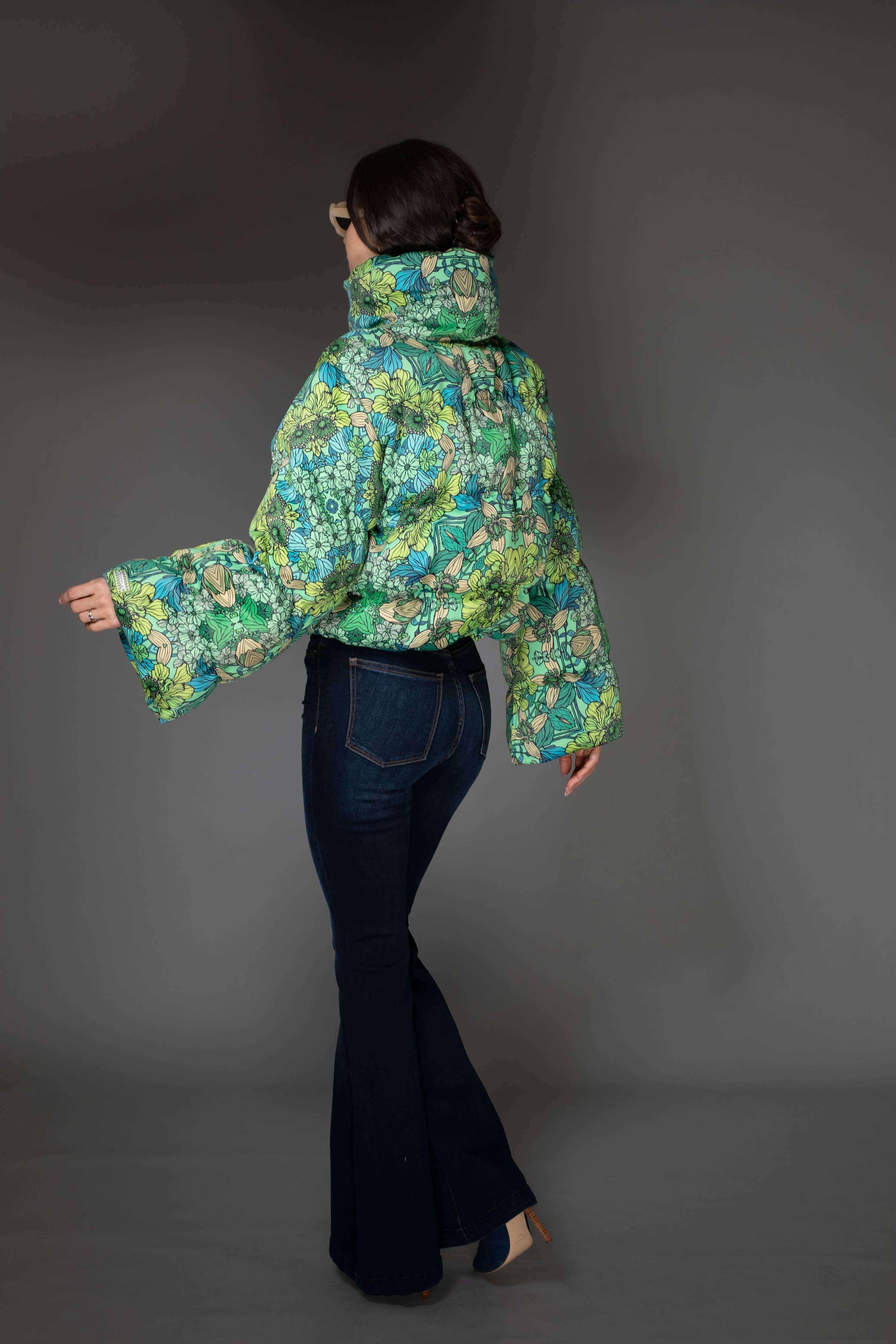Mint Green Floral Printed Puffer Jacket
