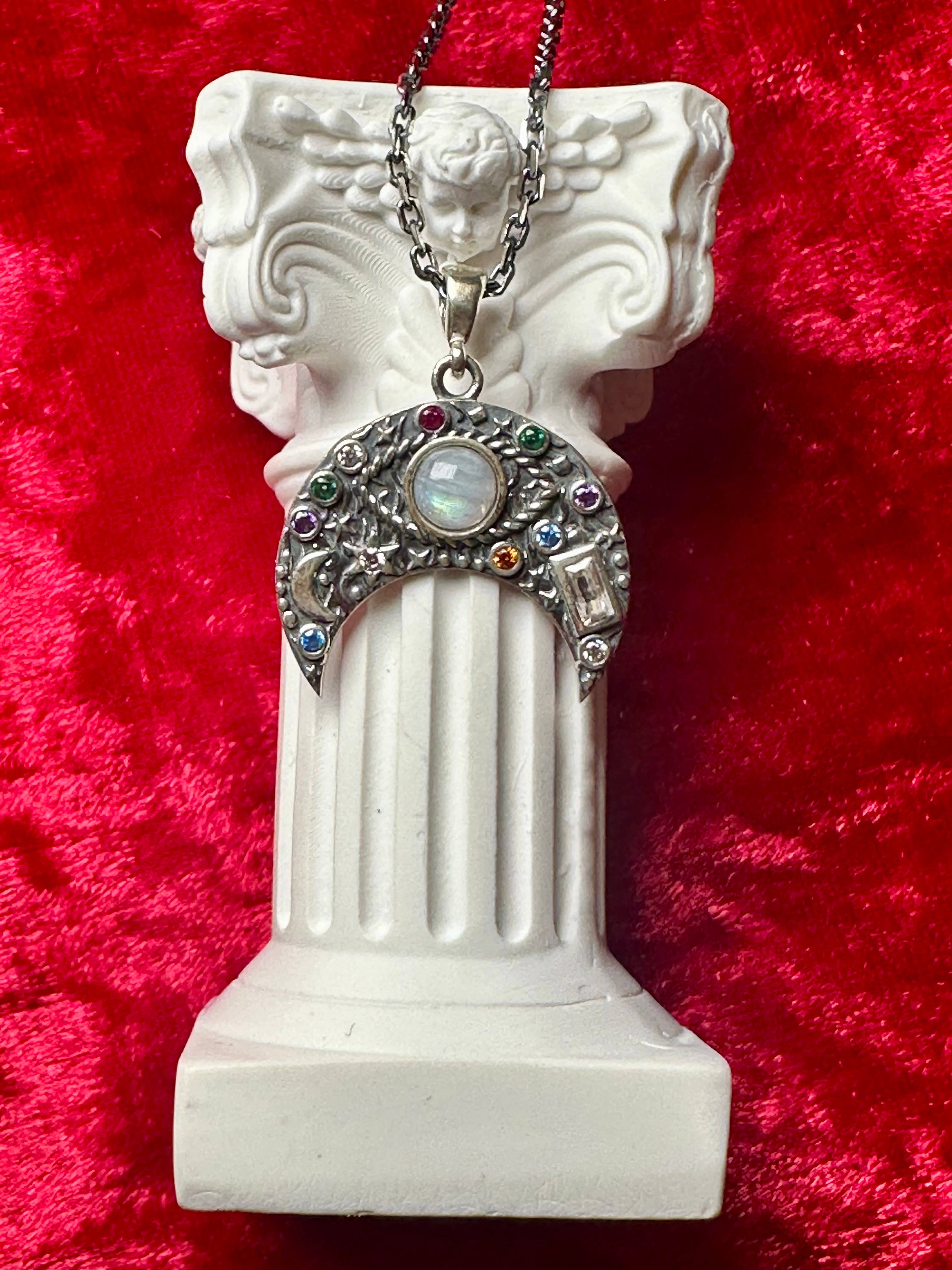 CRESCENT MOON MOONSTONE Evil  Eye Sterling Silver Necklace
