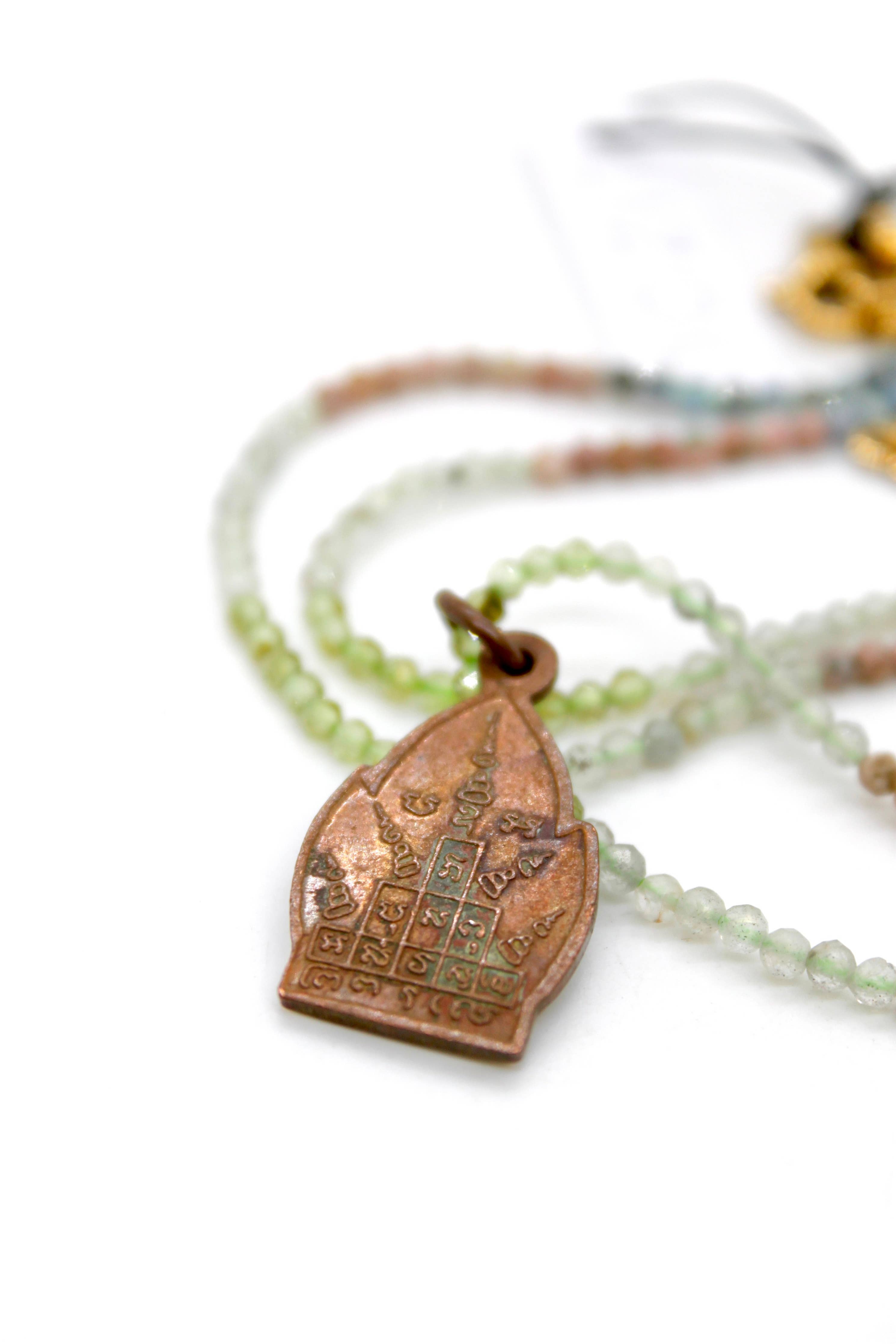 Buddha Necklace 120 - Mini Faceted Semi Precious Stone Necklace with intricate copper pendant and delicate beads