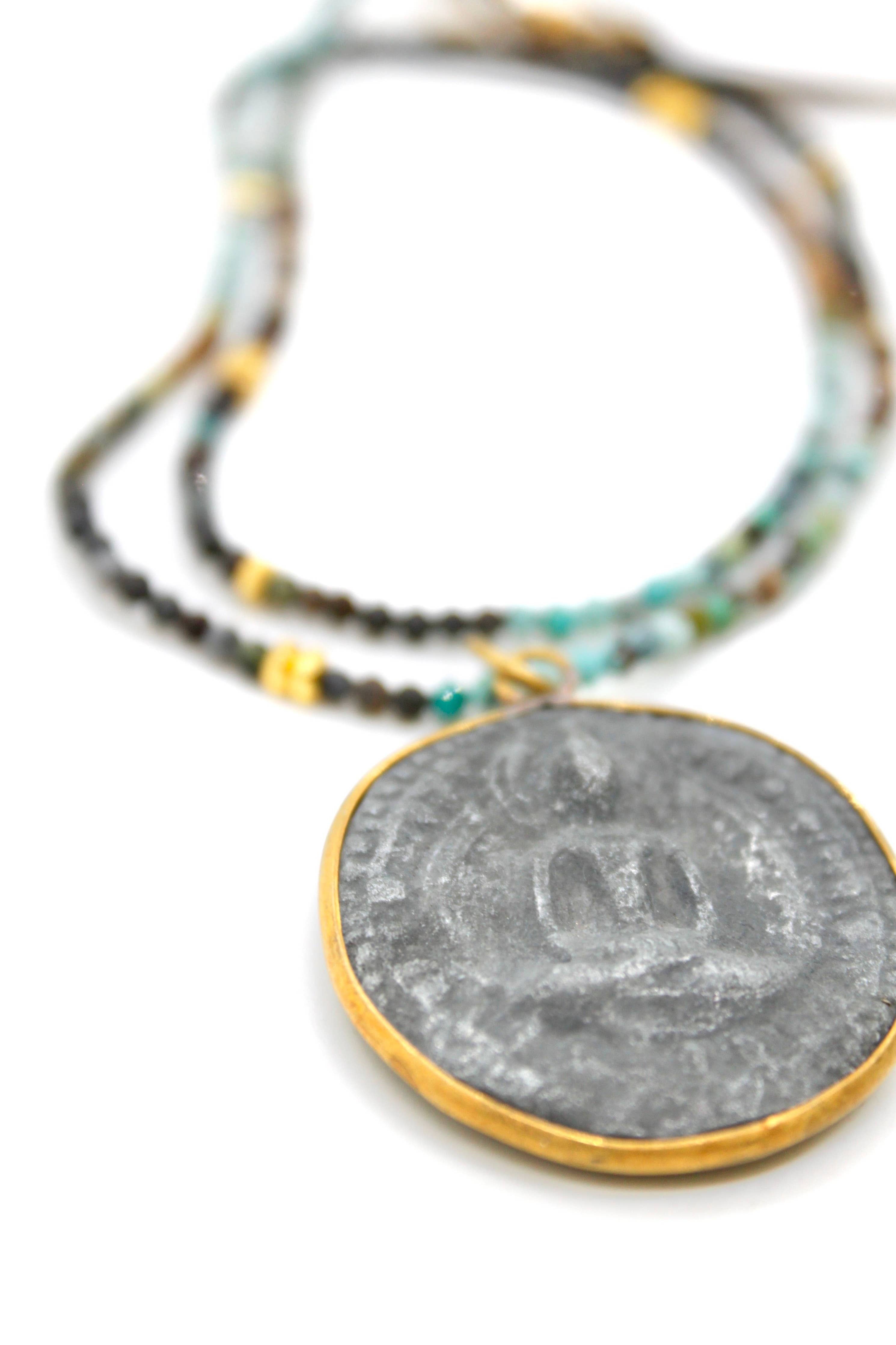 Buddha Necklace 43 - Gradient Turquoise featuring a textured Buddha pendant with turquoise and gold bead accents