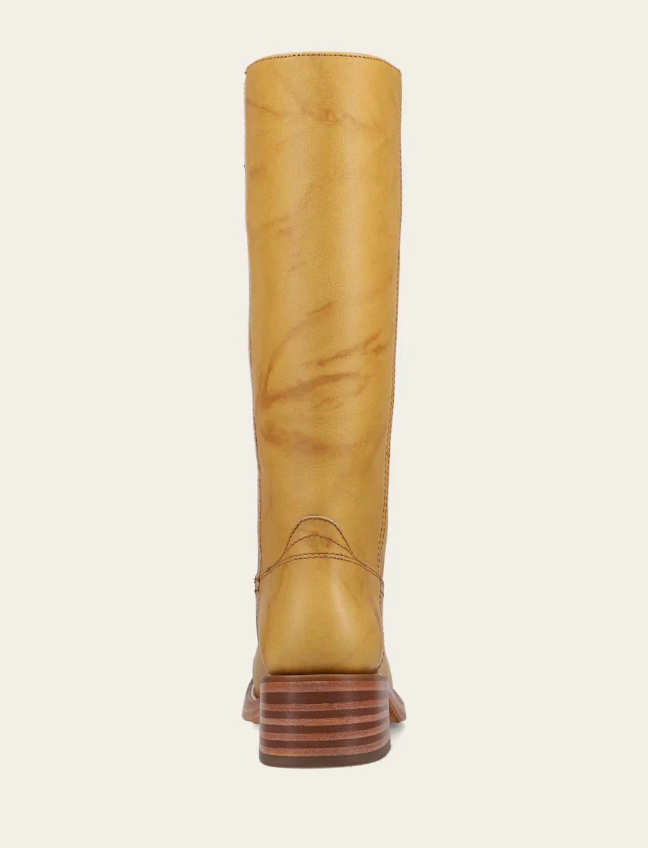 Frye CAMPUS 14L Leather Boot in Banana shown from the back with smooth yellow leather and stacked heel