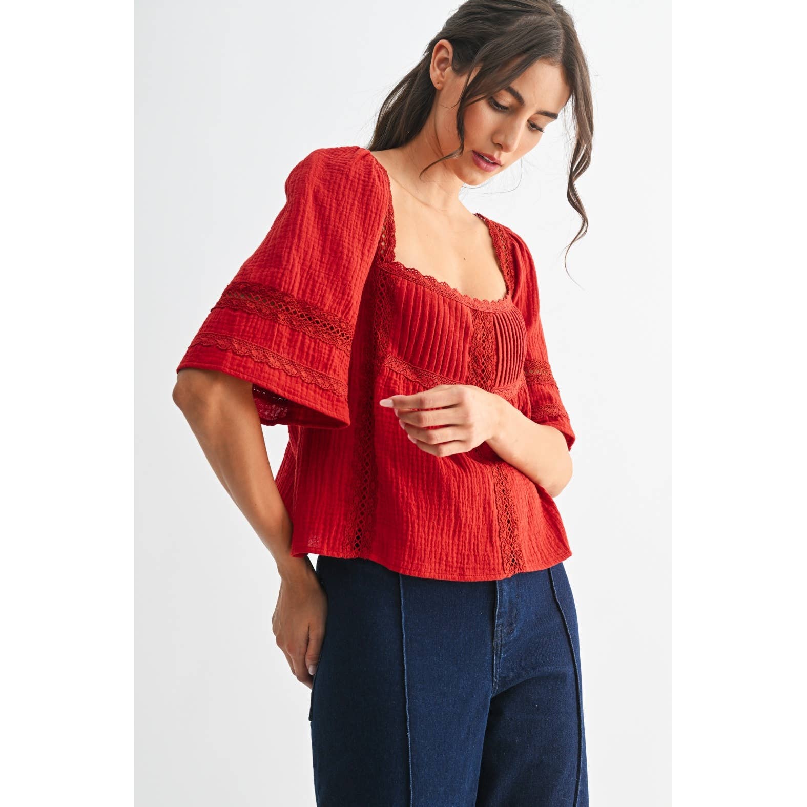 SCARLET LACE-TRIMMED RED BLOUSE