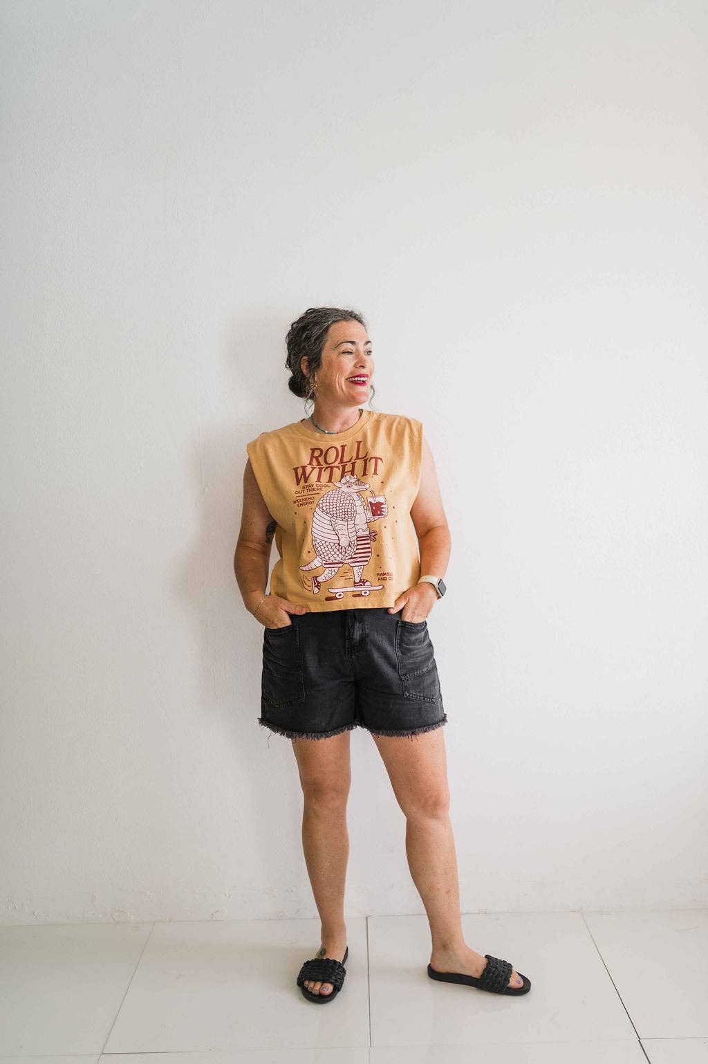 Roll with it armadillo | faded mustard boxy muscle tee