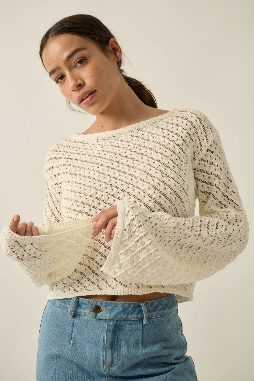 Solid Crochet-Knit Bell-Sleeve Cropped Sweater