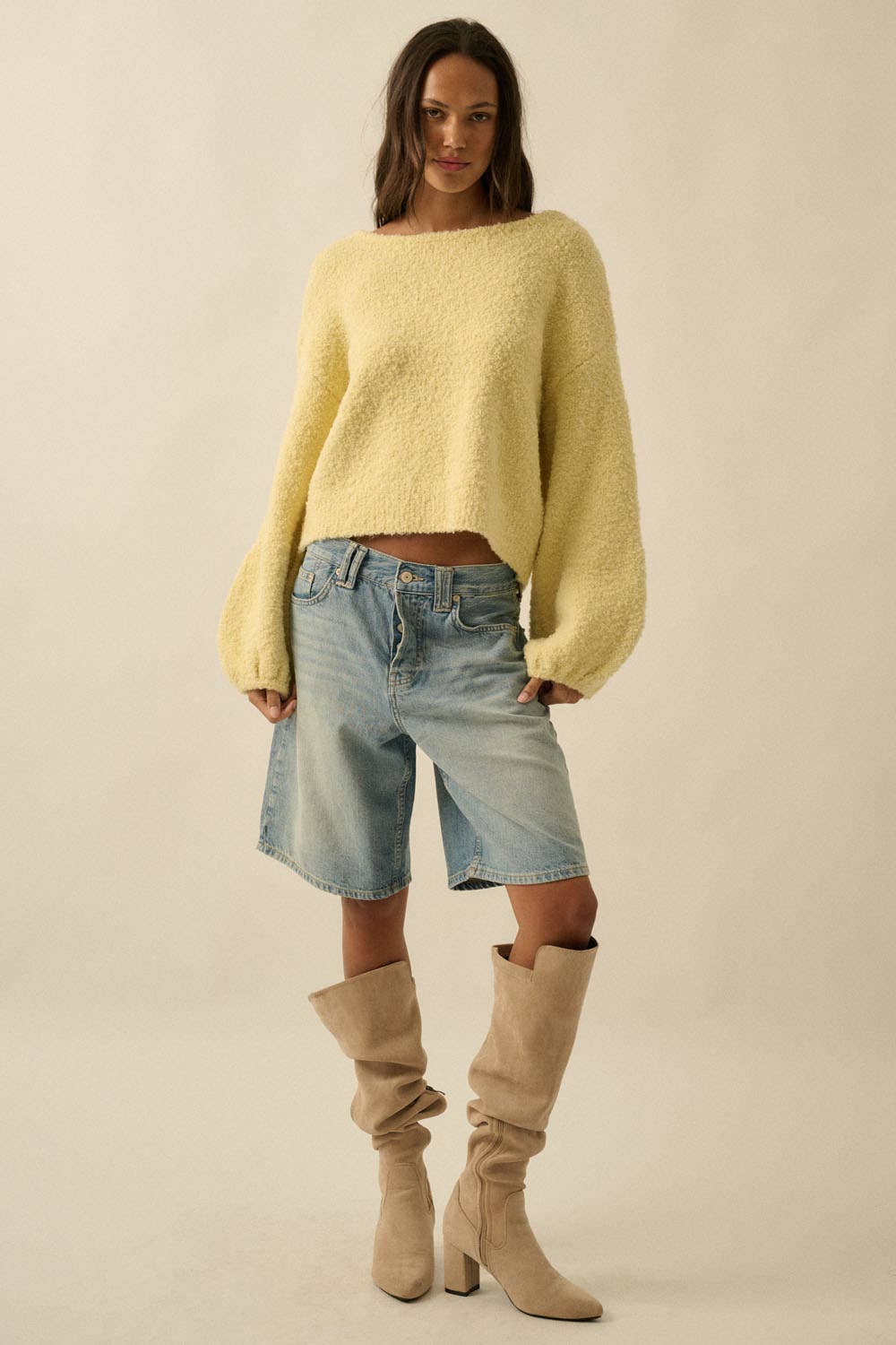 Textured Knit Bubble-Sleeve Sweater